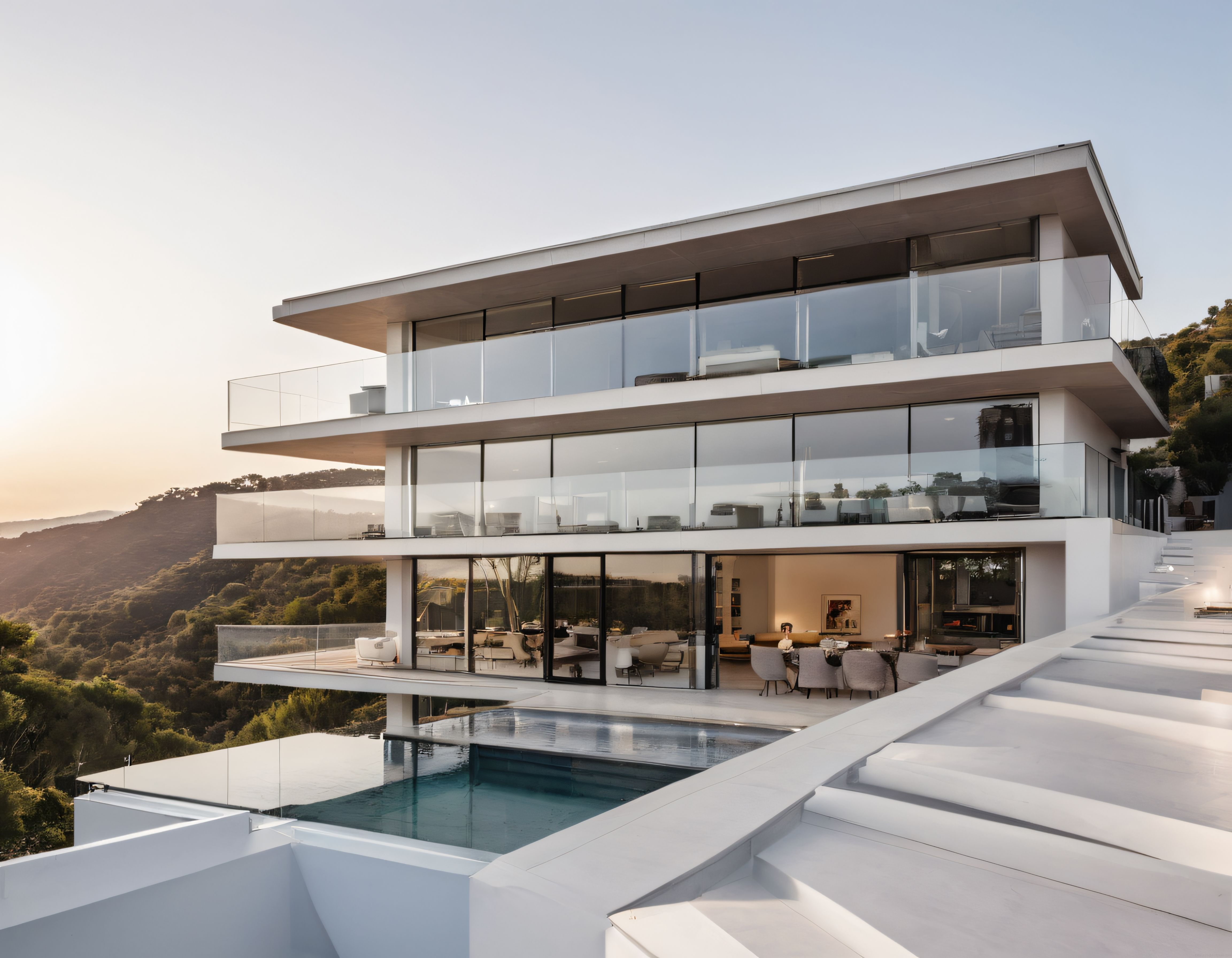 Gün Batımında Panoramik Manzaralı Ultra Modern Cam ve Beton Villa