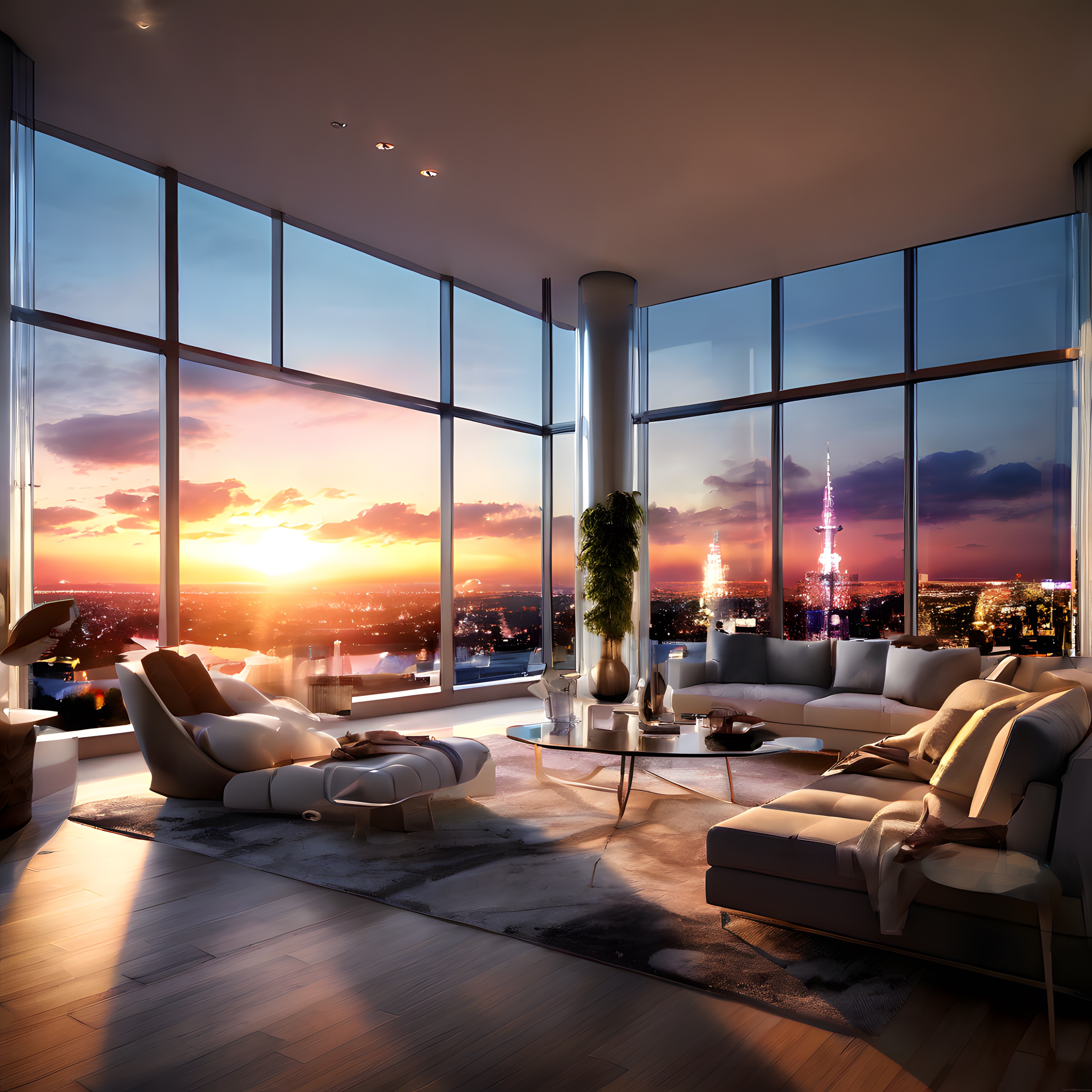 Gün batımında panoramik şehir manzaralı lüks penthouse salon dekorasyonu