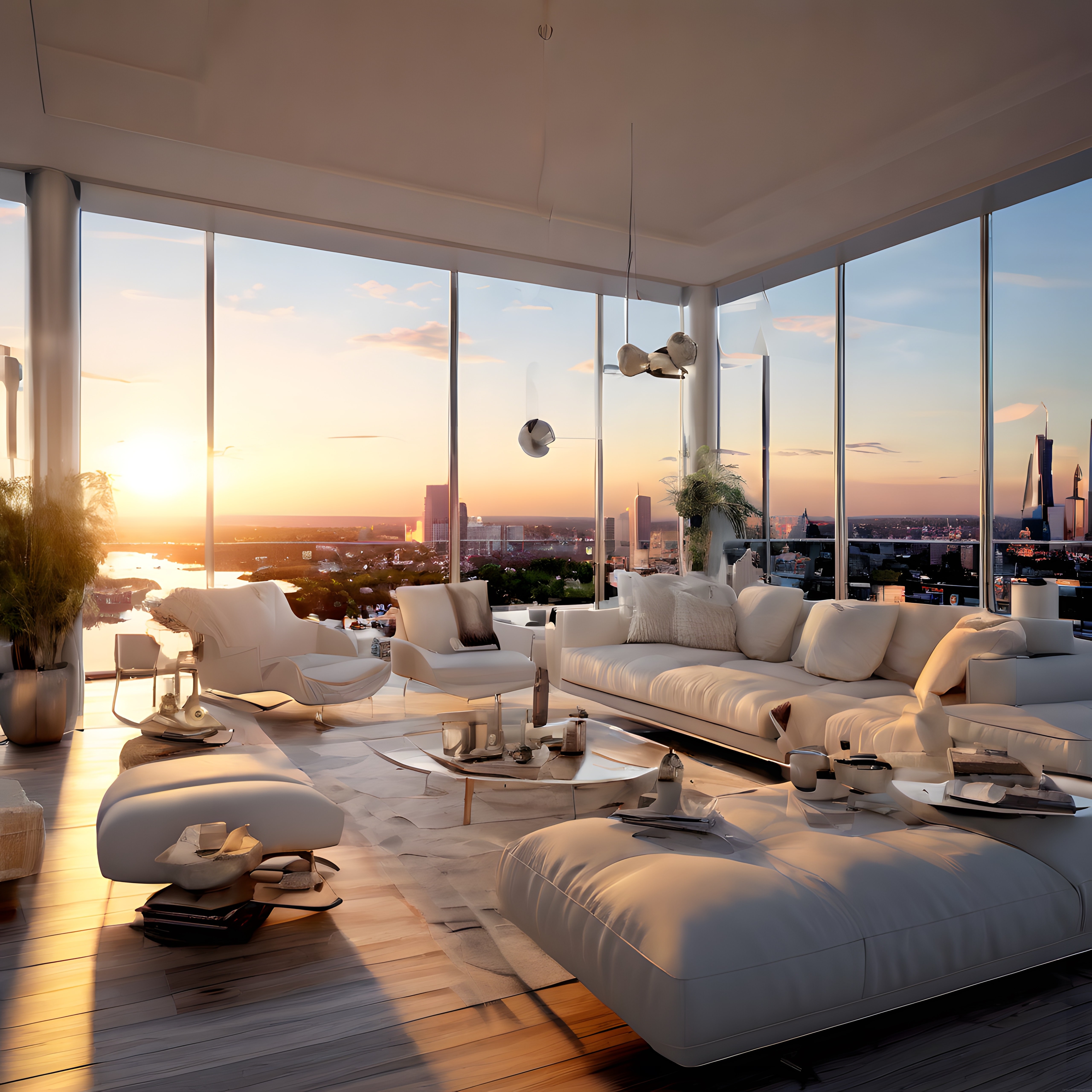 Gün Batımında Panoramik Şehir Manzaralı Lüks ve Modern Penthouse Oturma Odası