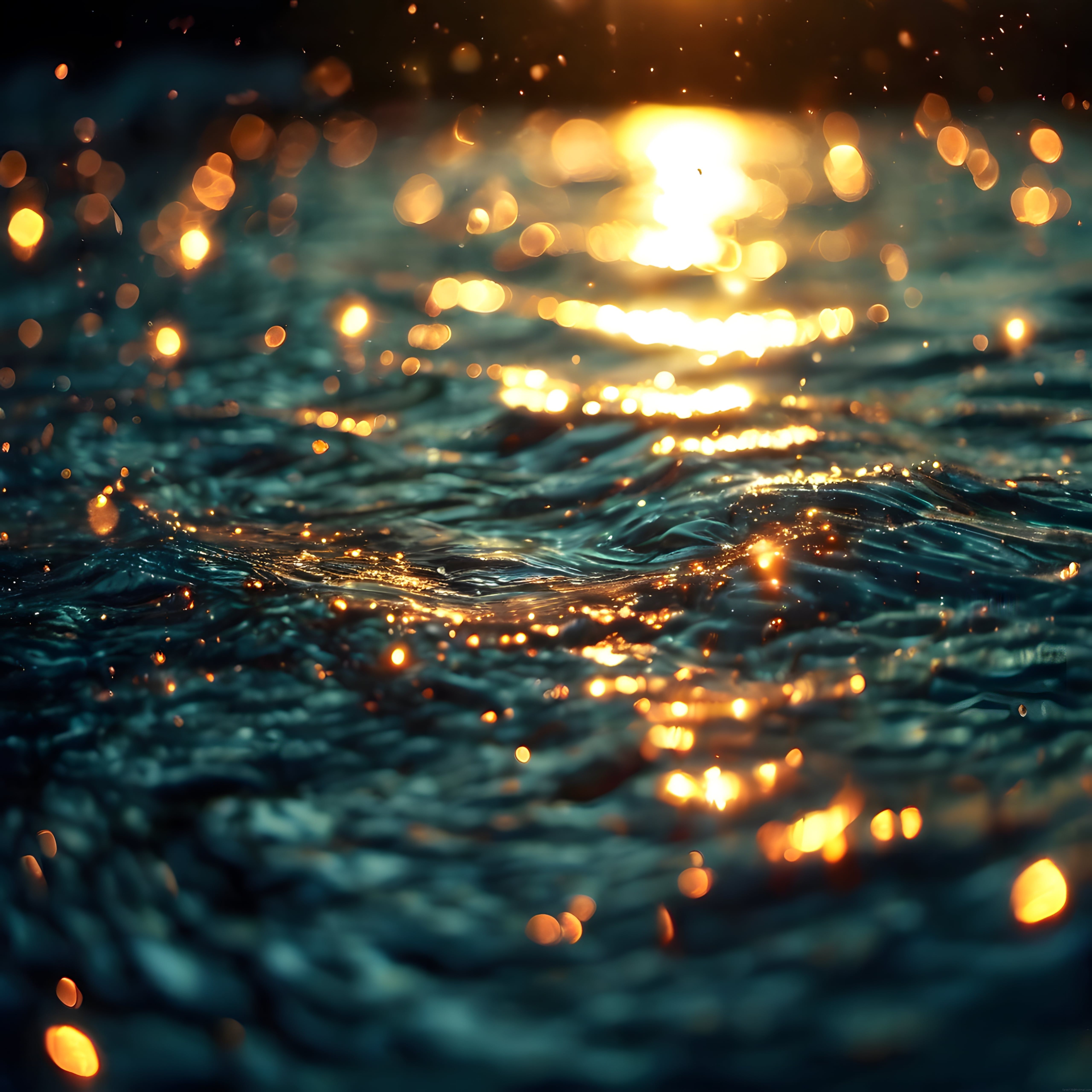 Gün Batımında Parıldayan Dalgalı Deniz ve Altın Sarısı Bokeh Işıltıları
