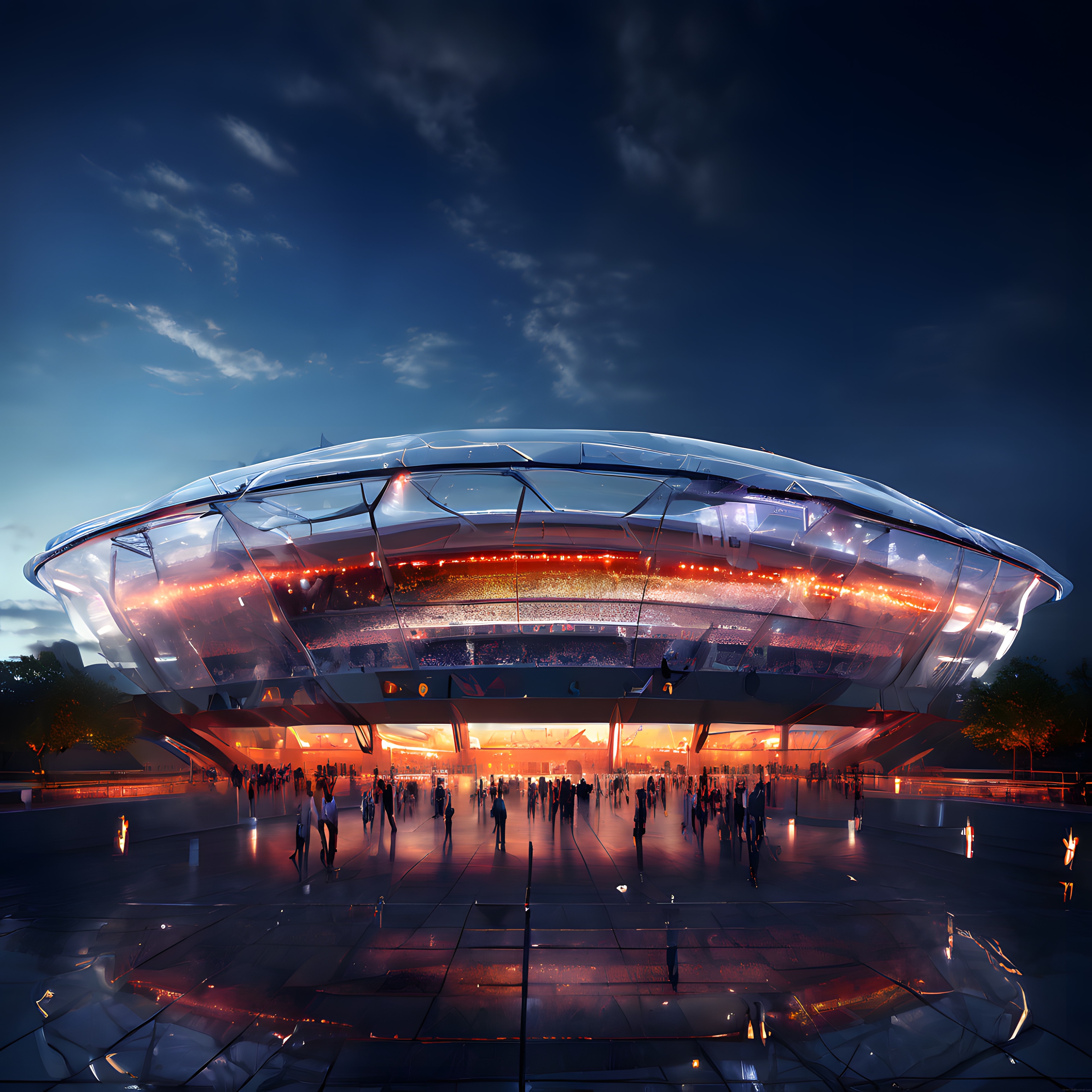 Gün Batımında Parıldayan Futuristik Cam Stadyum ve Kalabalık Atmosfer