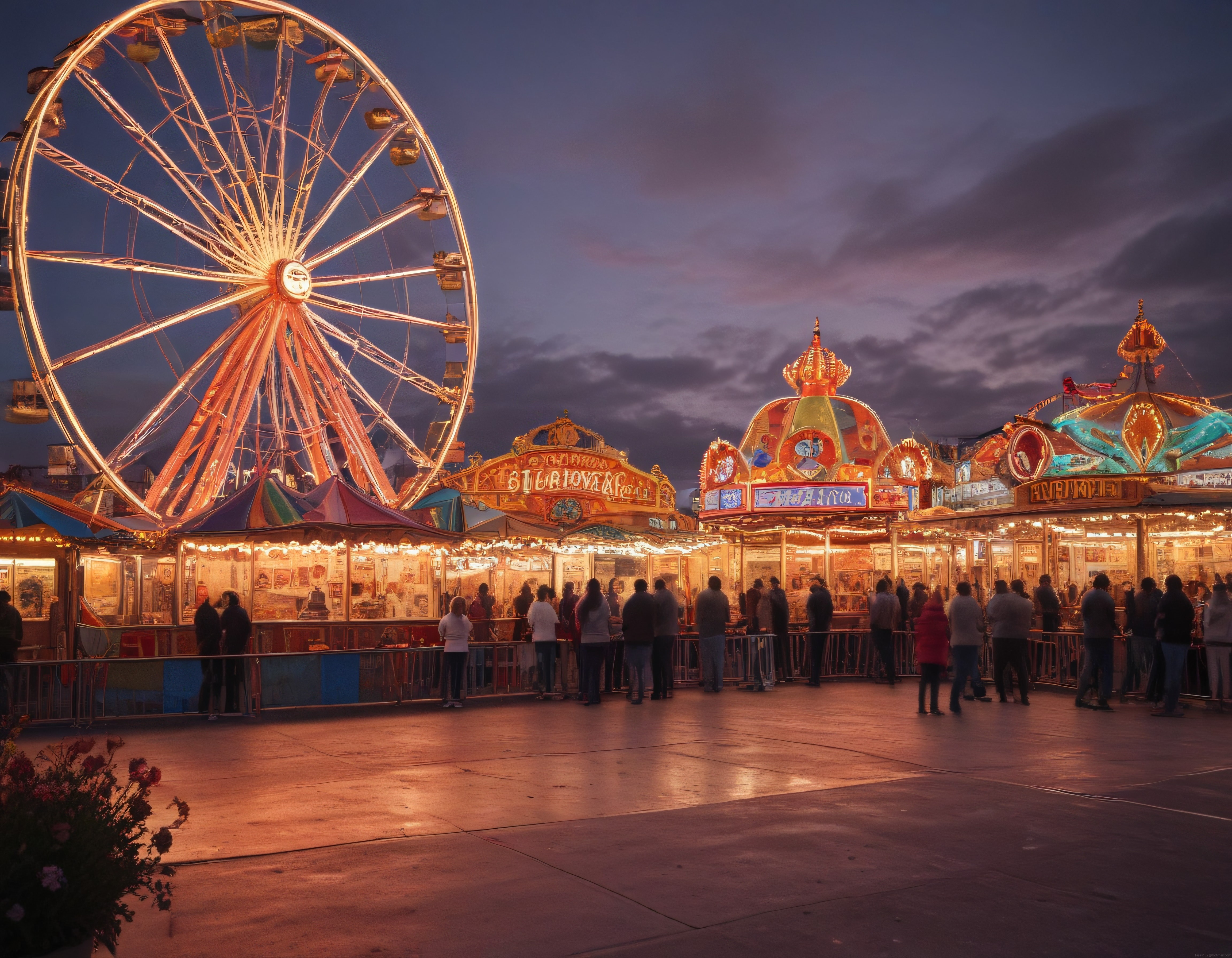 Gün Batımında Parıldayan Lunaparkta Dönme Dolap ve Atlıkarınca Keyfi