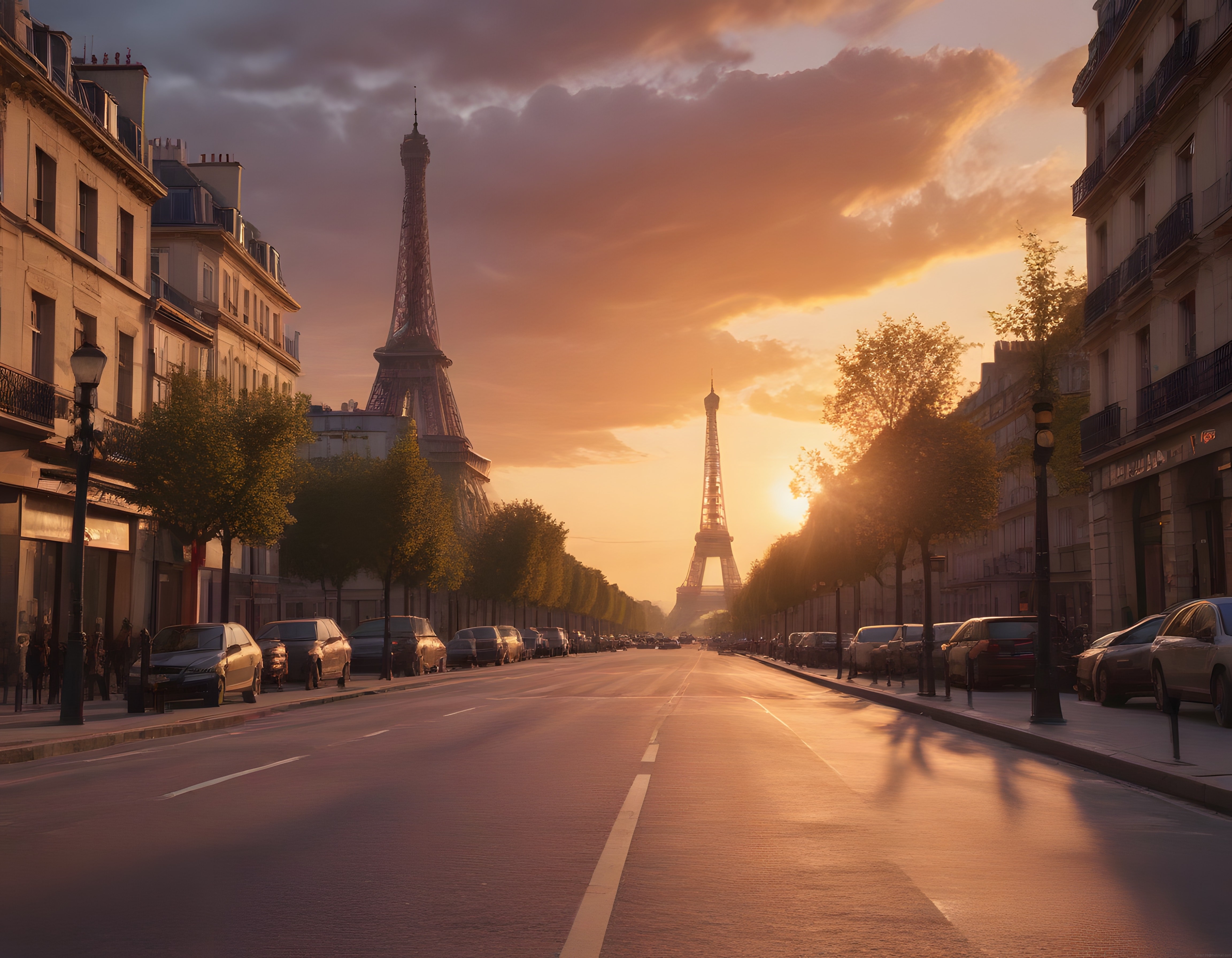 Gün Batımında Paris'in Tarihi Sokaklarından Eiffel Kulesi Manzarası