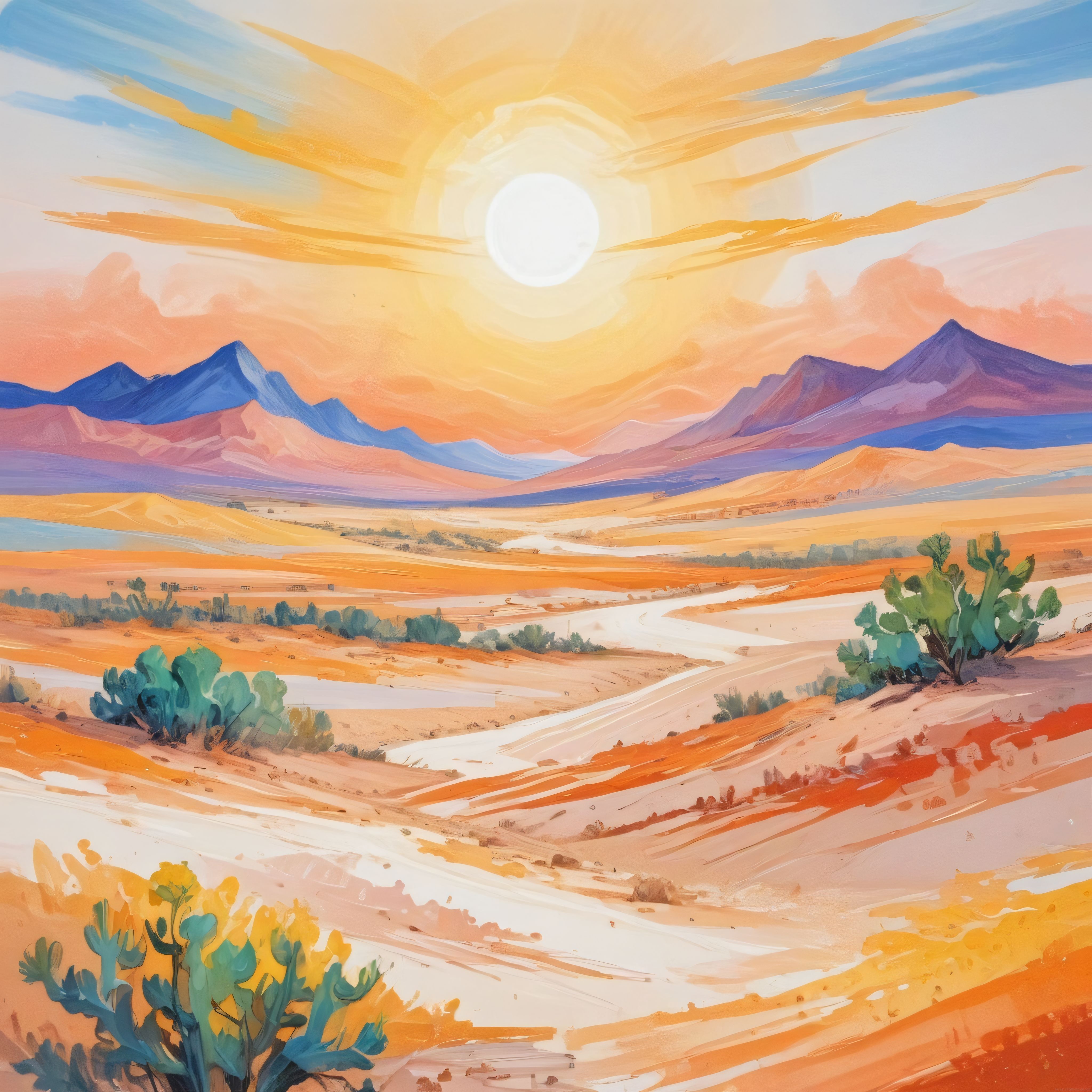 Gün Batımında Renkli Çöl Manzarası: Sıcak Tondaki Dijital Sanat Eseri