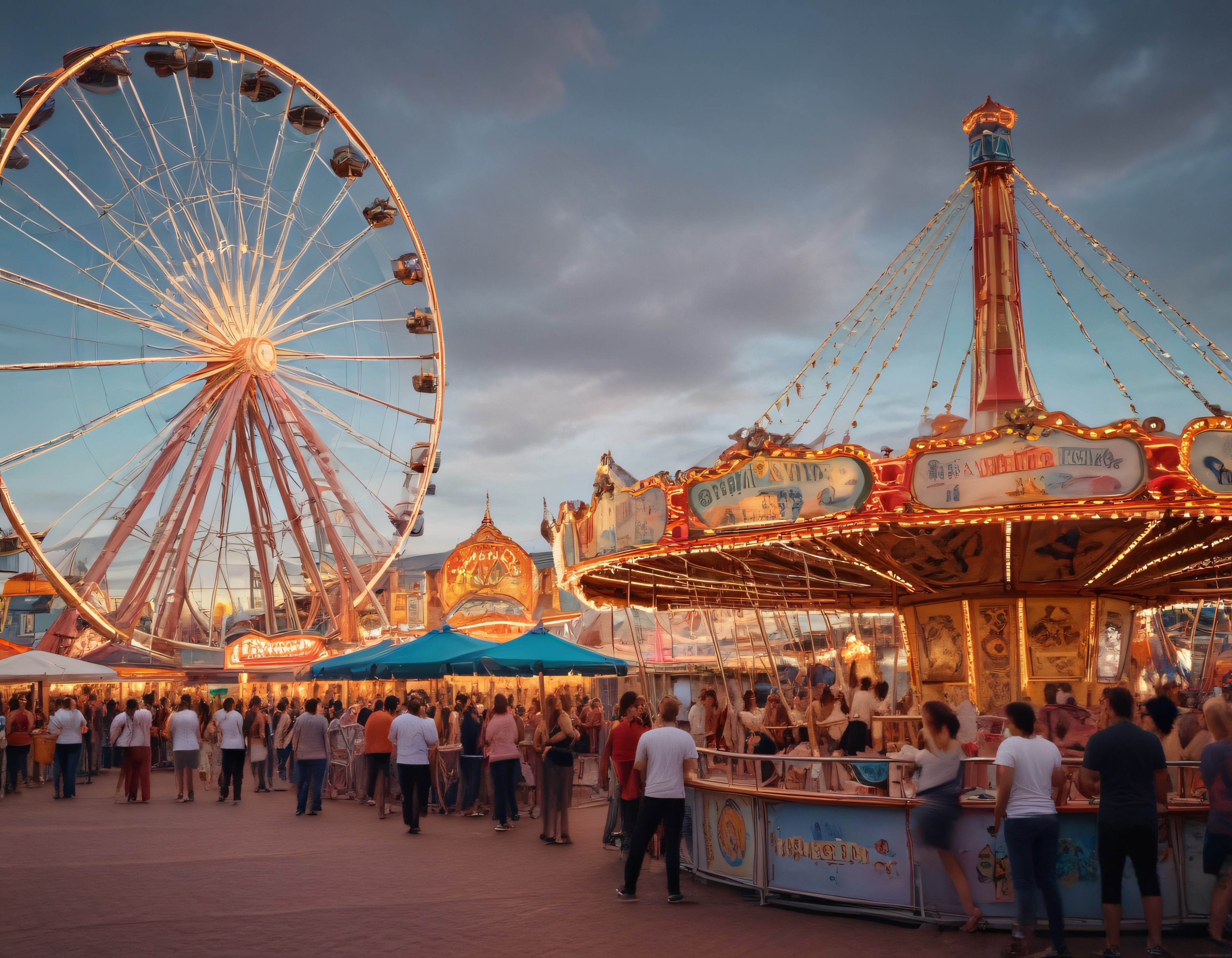 Gün Batımında Renkli Işıklarıyla Büyüleyen Lunapark ve Dönme Dolap Manzarası