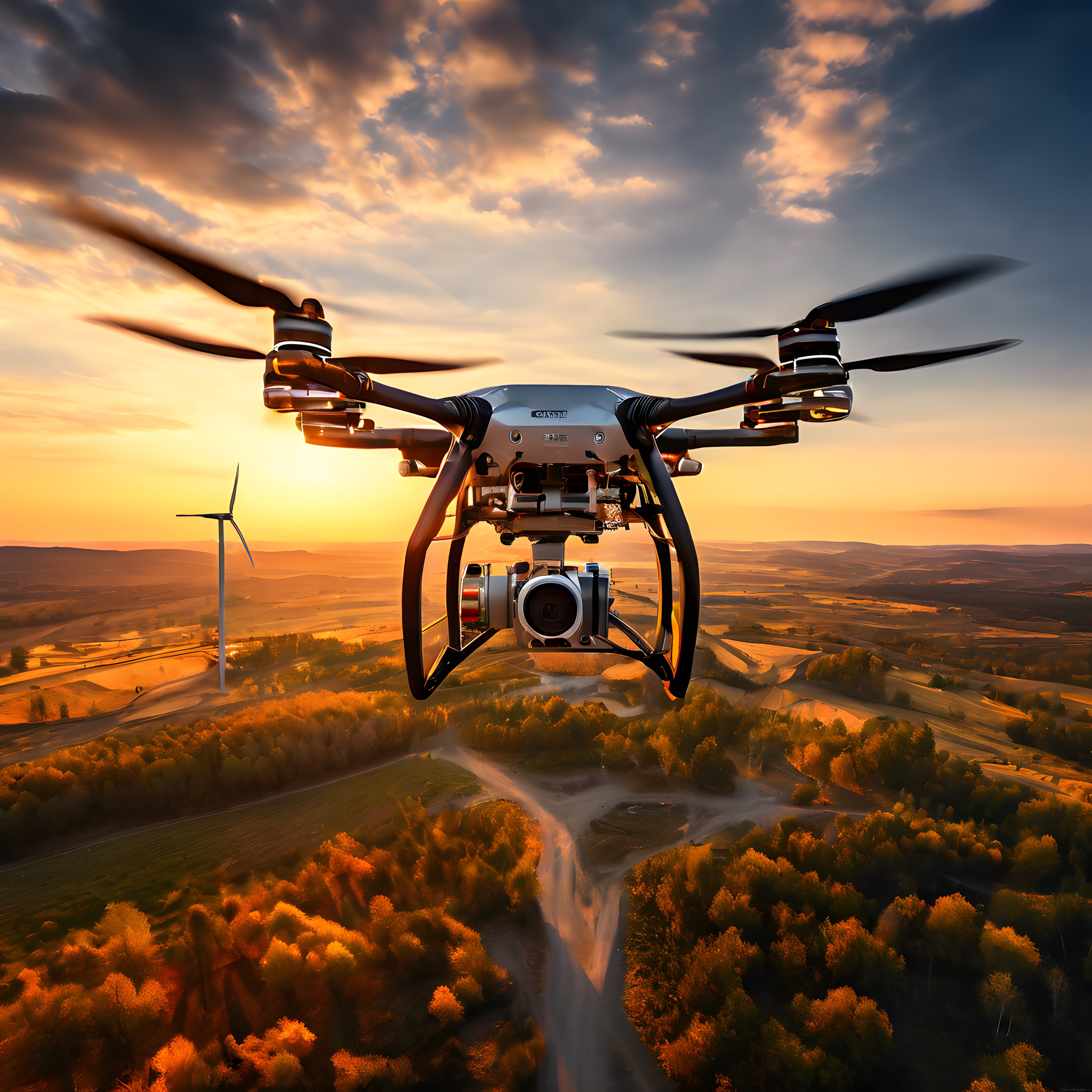 Gün Batımında Rüzgar Türbini Üzerinde Uçan Profesyonel Drone Görüntüsü