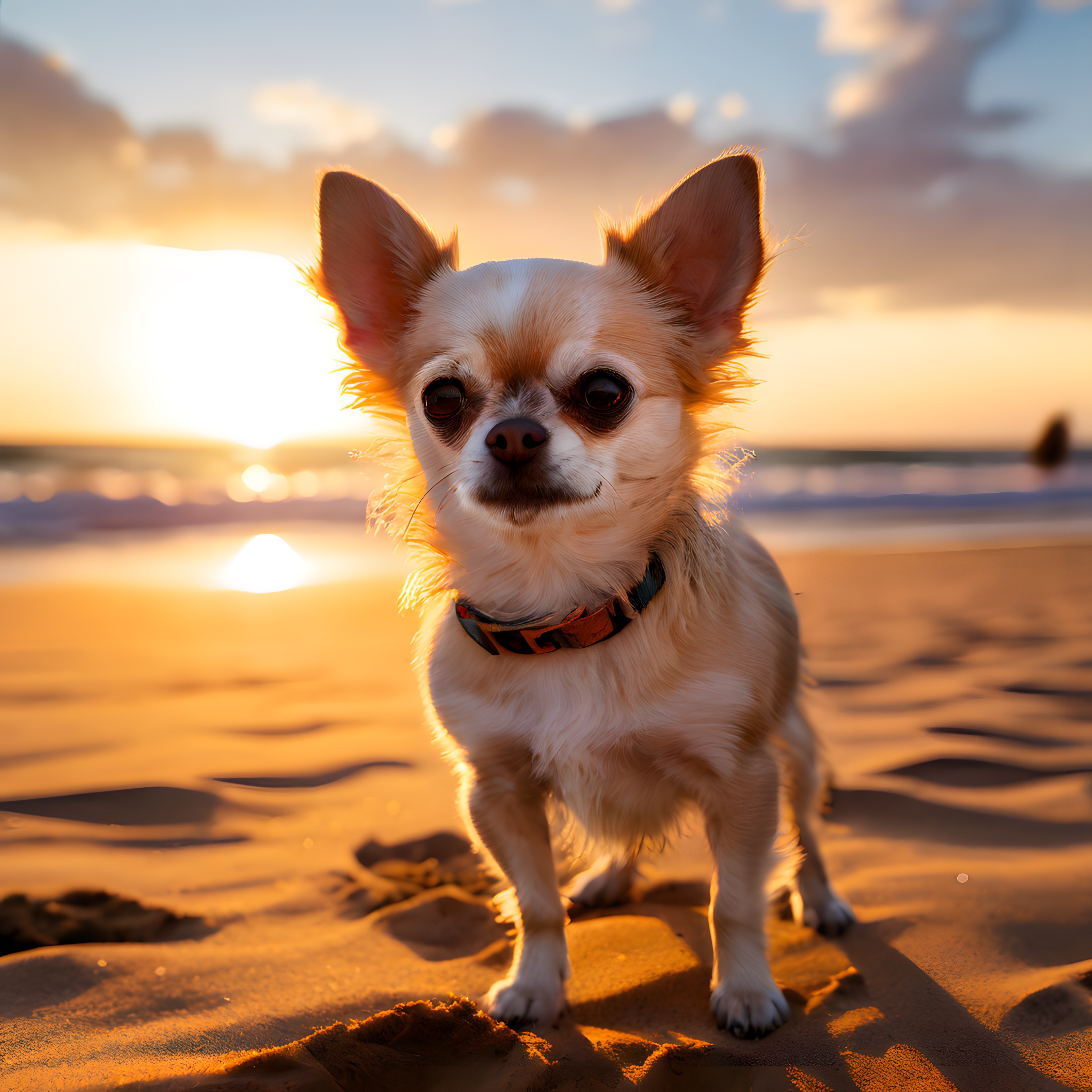 Gün batımında sahilde duran sevimli chihuahua köpeği portre fotoğrafı