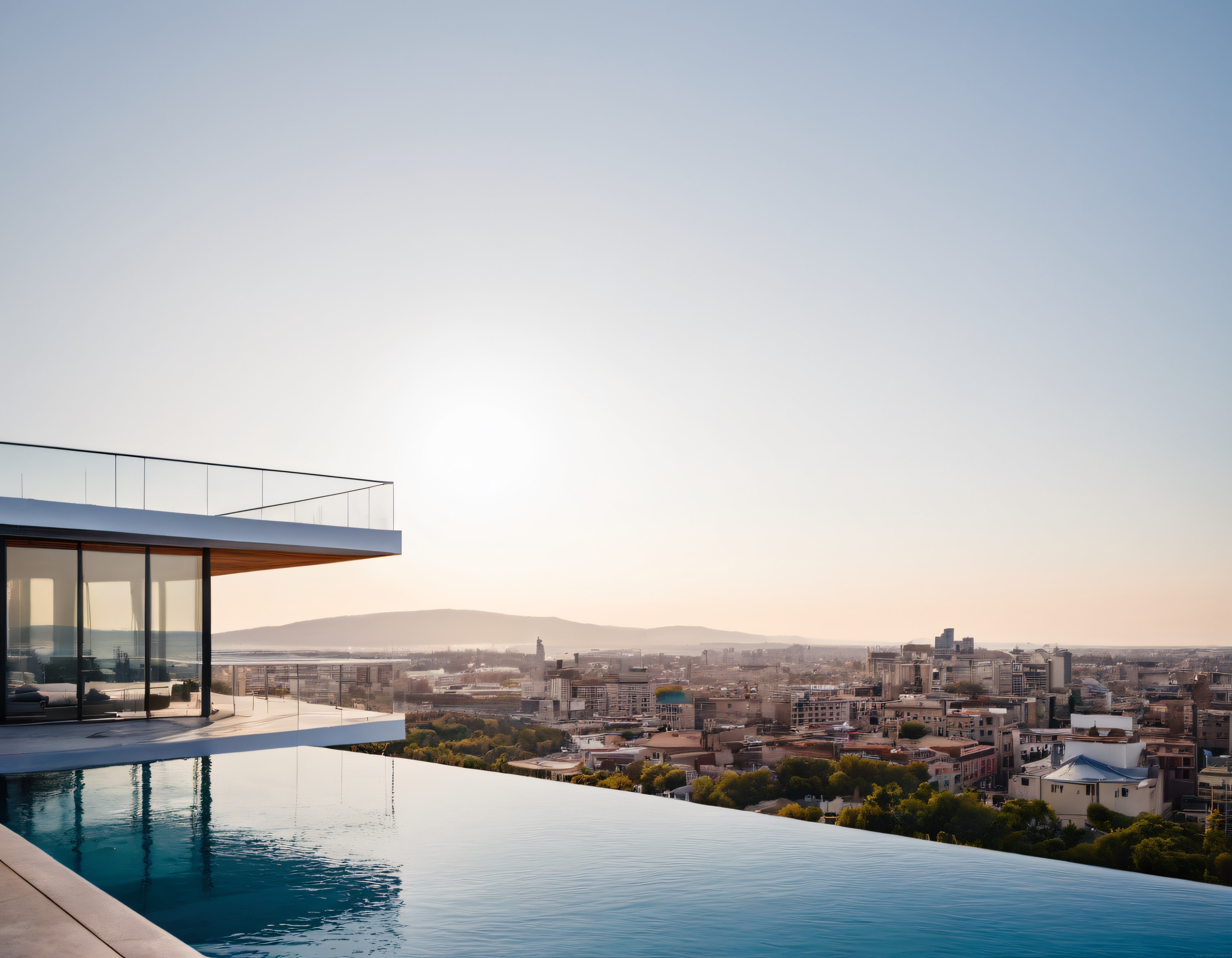 Gün Batımında Şehir Manzaralı Lüks Sonsuz Havuz ve Modern Teras