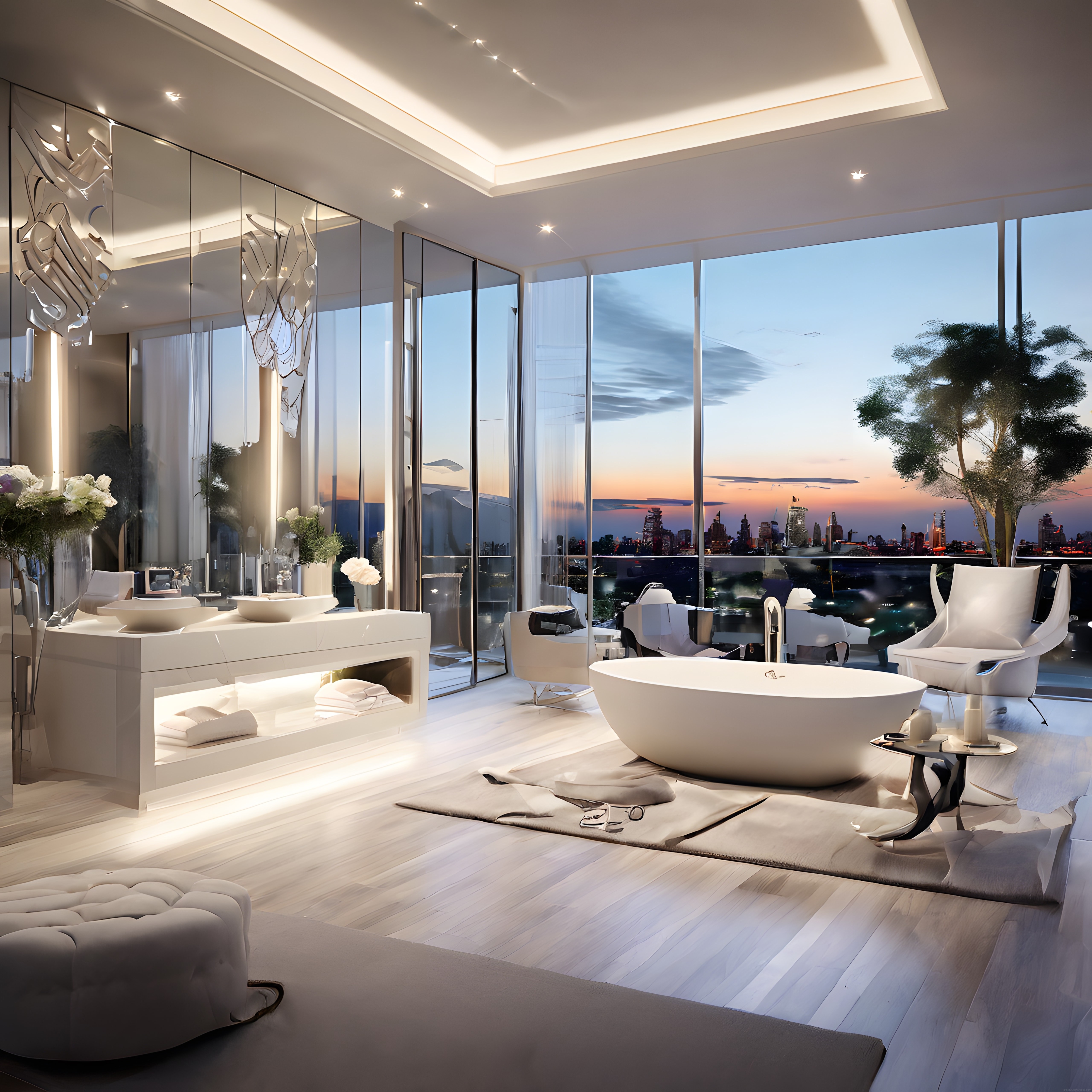 Gün Batımında Şehir Manzaralı Ultra Lüks Modern Banyo ve Yaşam Alanı Tasarımı