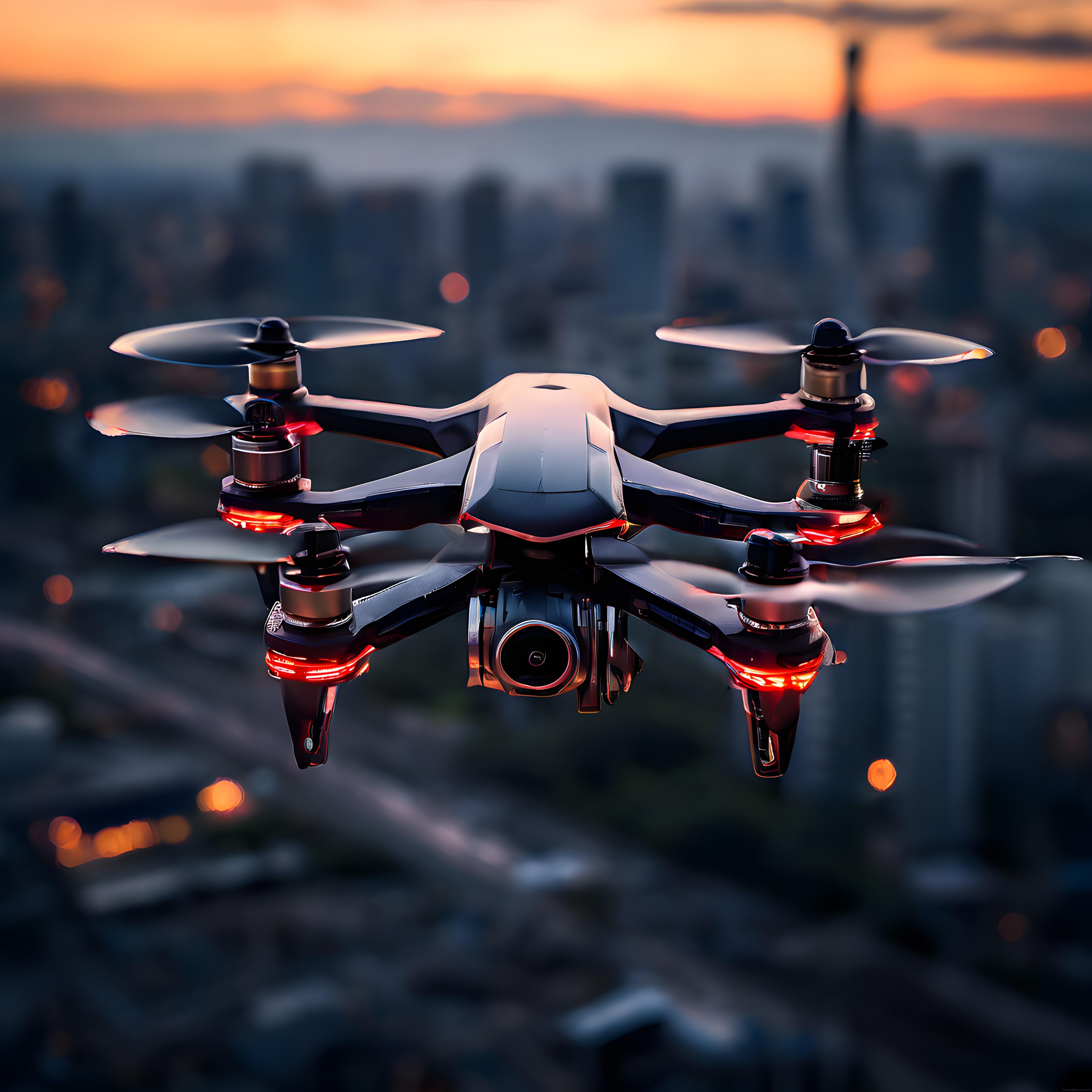 Gün Batımında Şehir Semalarında Süzülen Gelişmiş Drone Teknolojisi