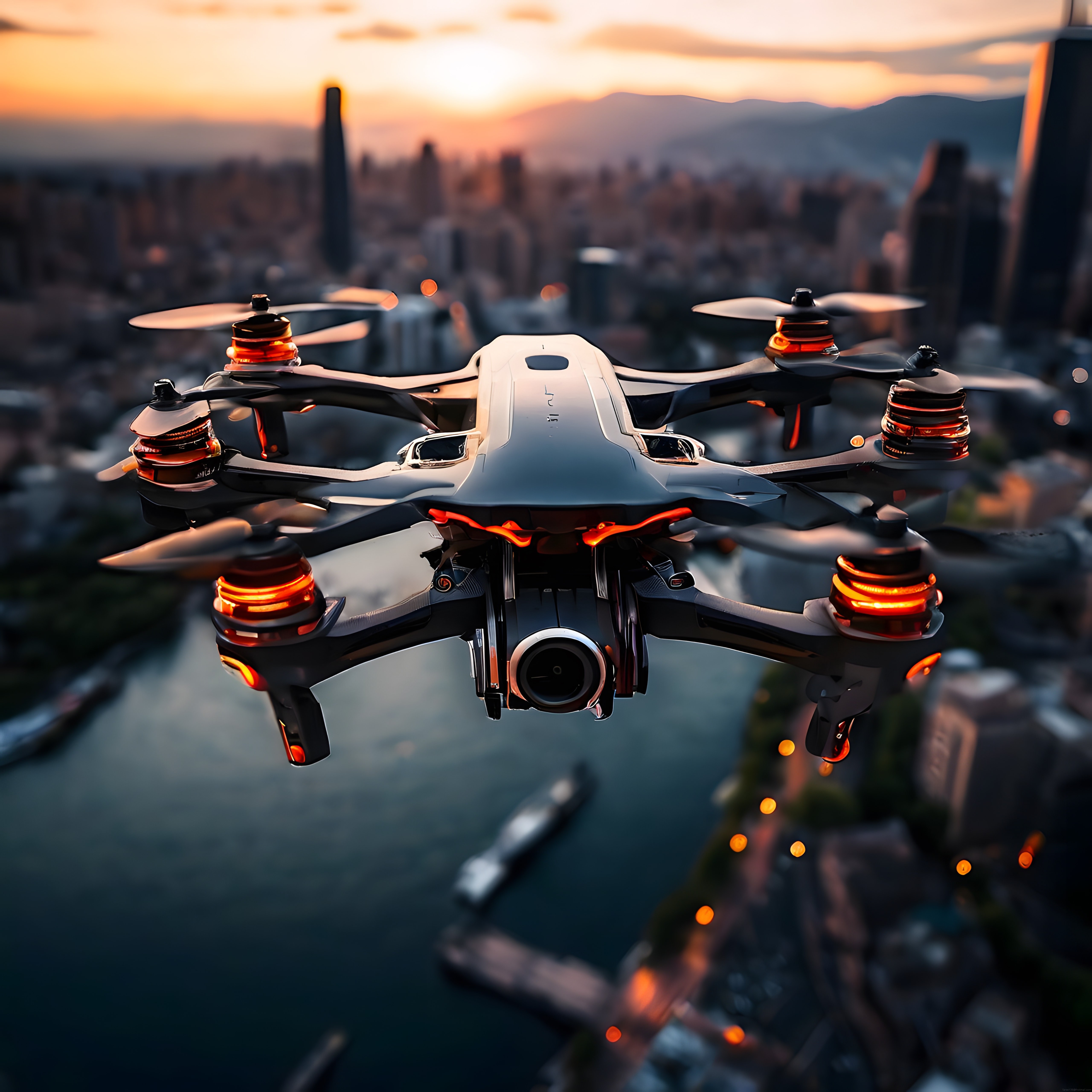 Gün Batımında Şehir Semalarında Uçan Profesyonel Drone ve Hava Kamera Sistemi