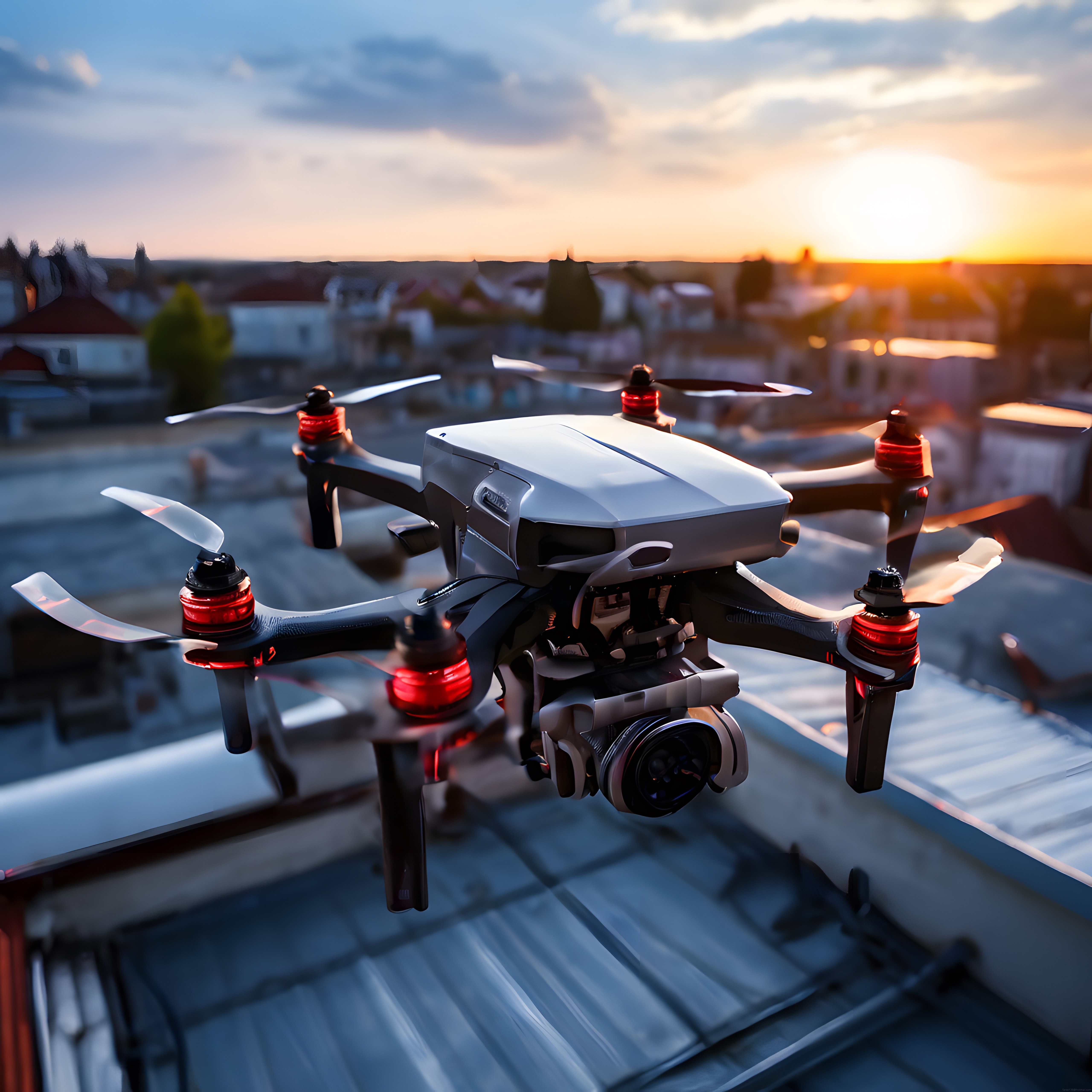 Gün batımında şehir üzerinde süzülen profesyonel kamera dronu ve pervaneleri
