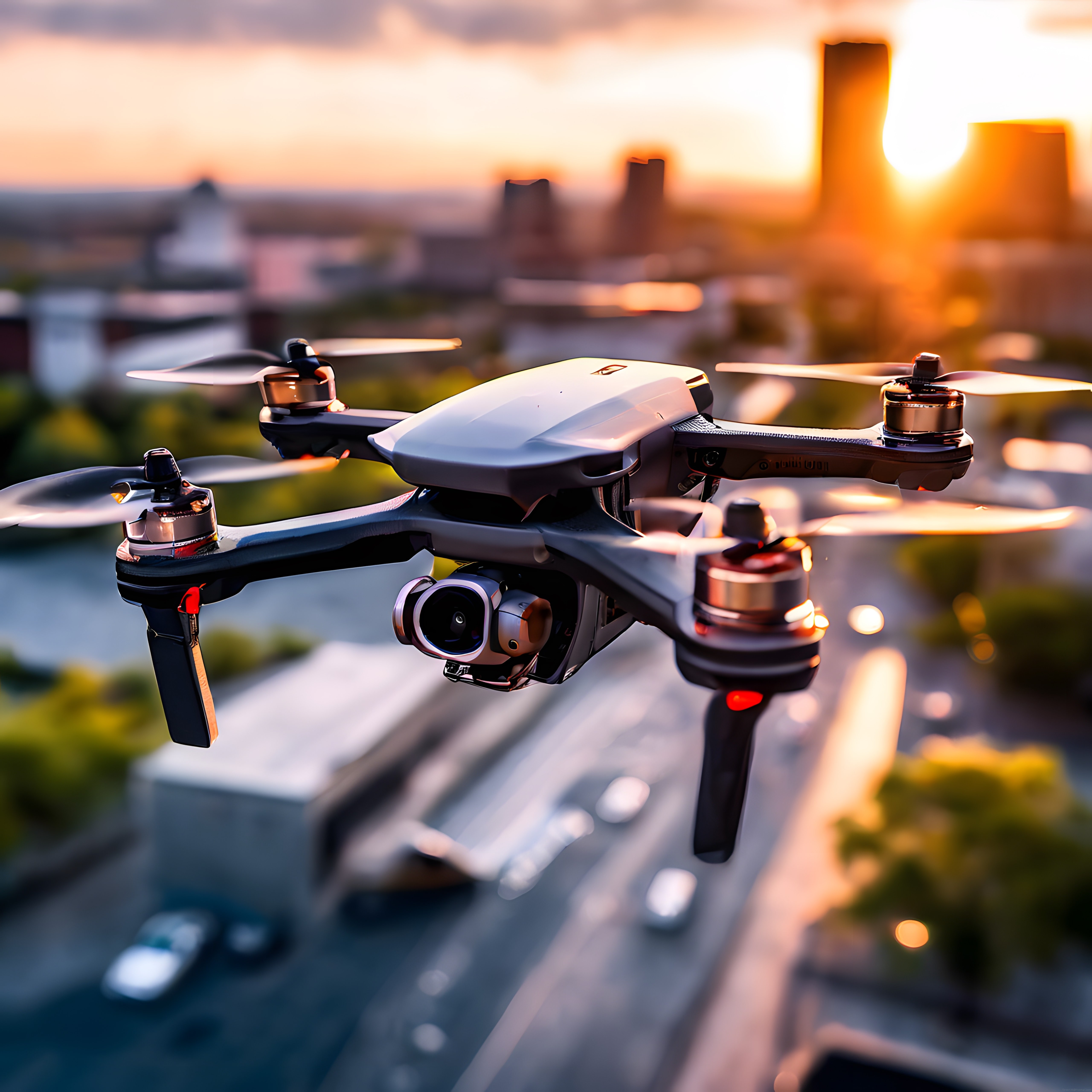 Gün Batımında Şehir Üzerinde Uçan Modern Drone ve Hava Çekim Teknolojisi