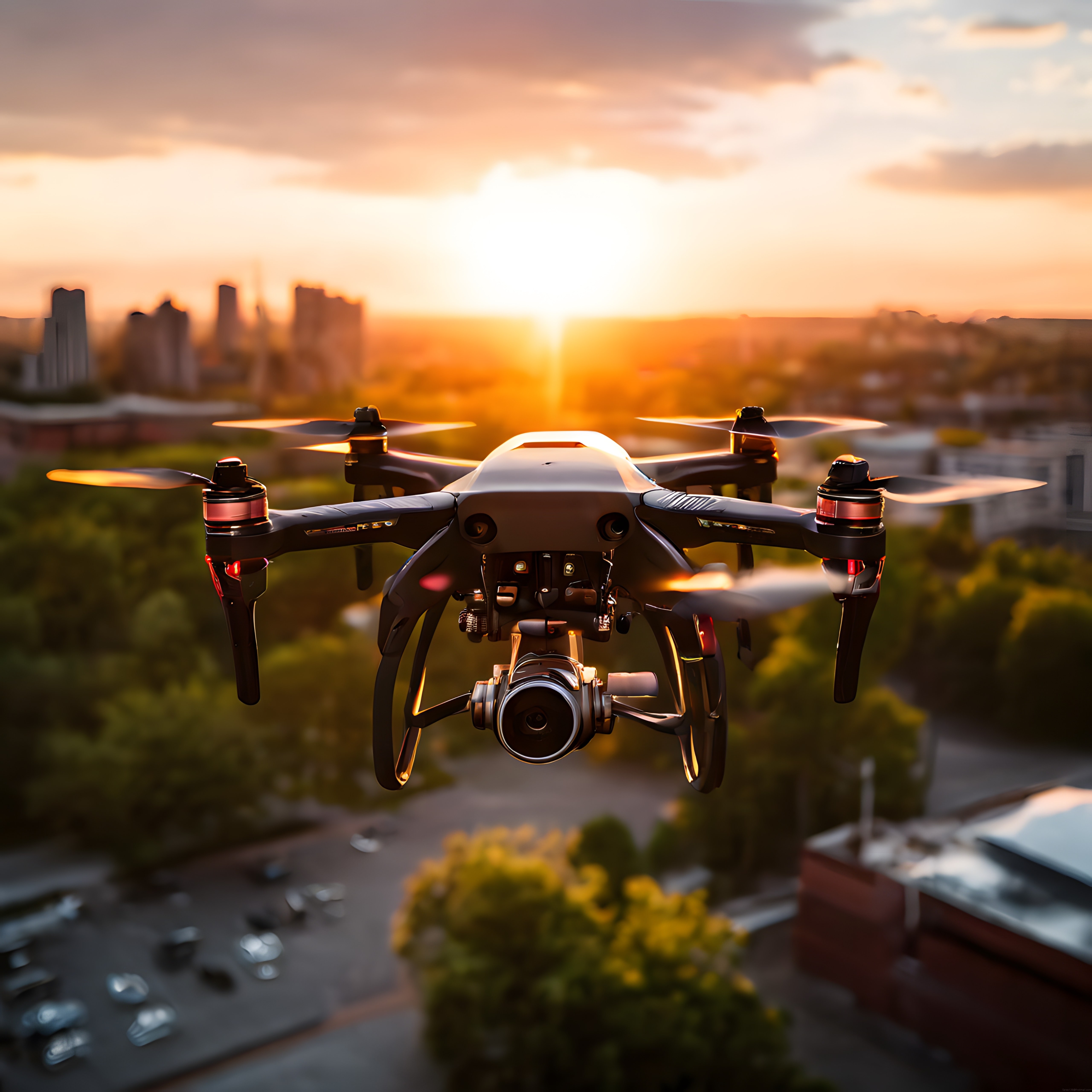 Gün Batımında Şehir Üzerinde Uçan Profesyonel Drone Kamera Sistemi