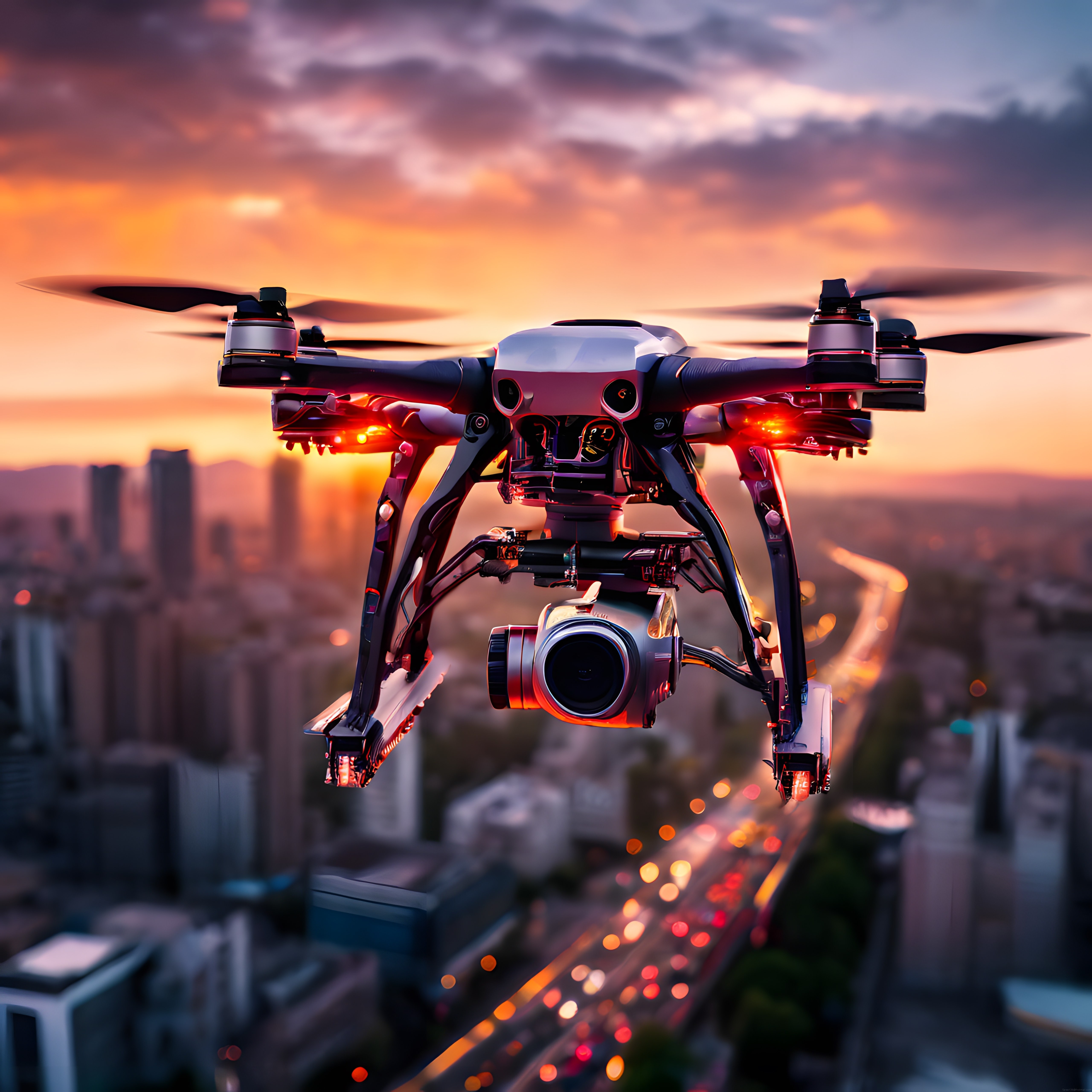 Gün Batımında Şehir Üzerinde Uçan Profesyonel Drone ve Görüntüleme Sistemi