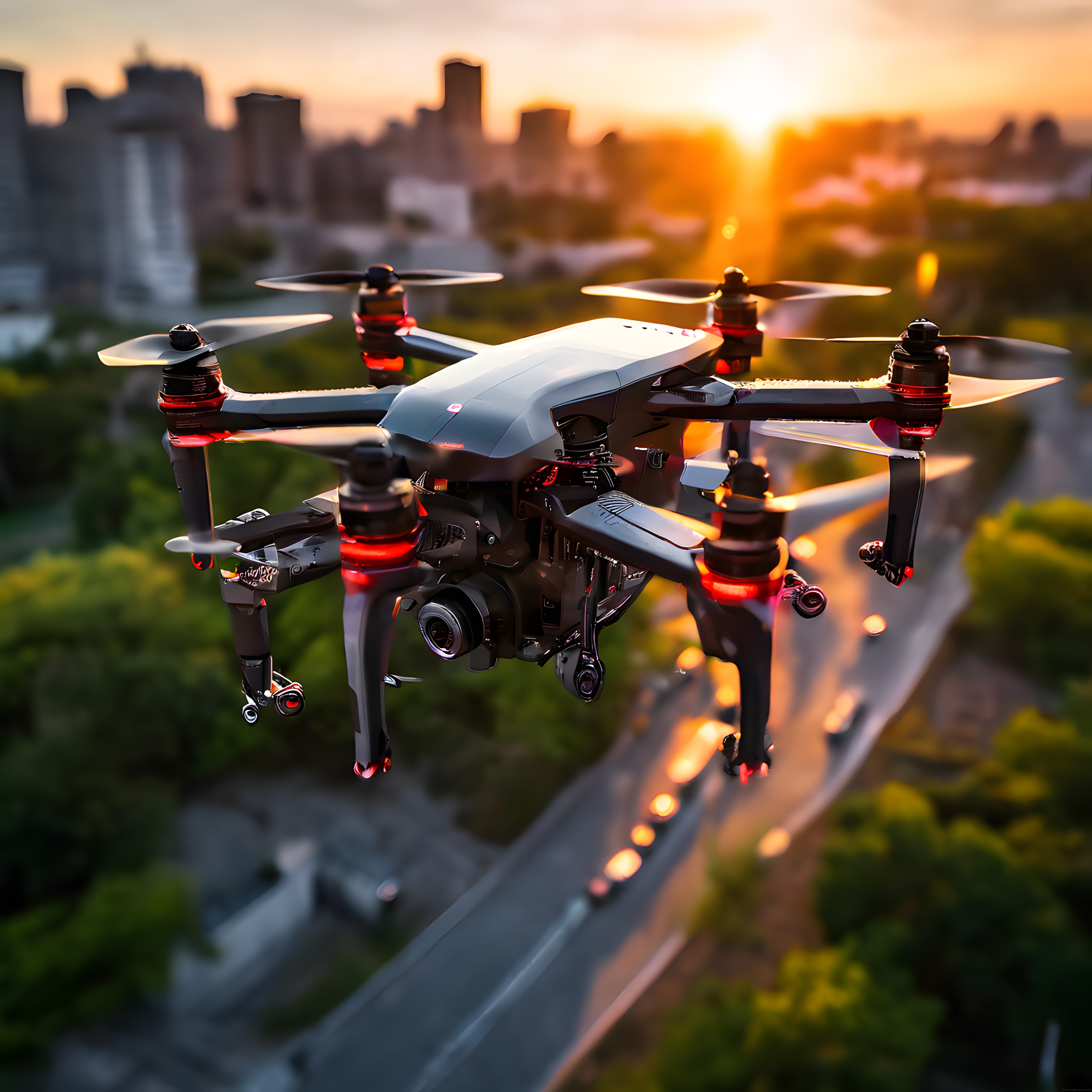 Gün Batımında Şehir Üzerinde Uçan Profesyonel Drone ve Kamera Sistemi