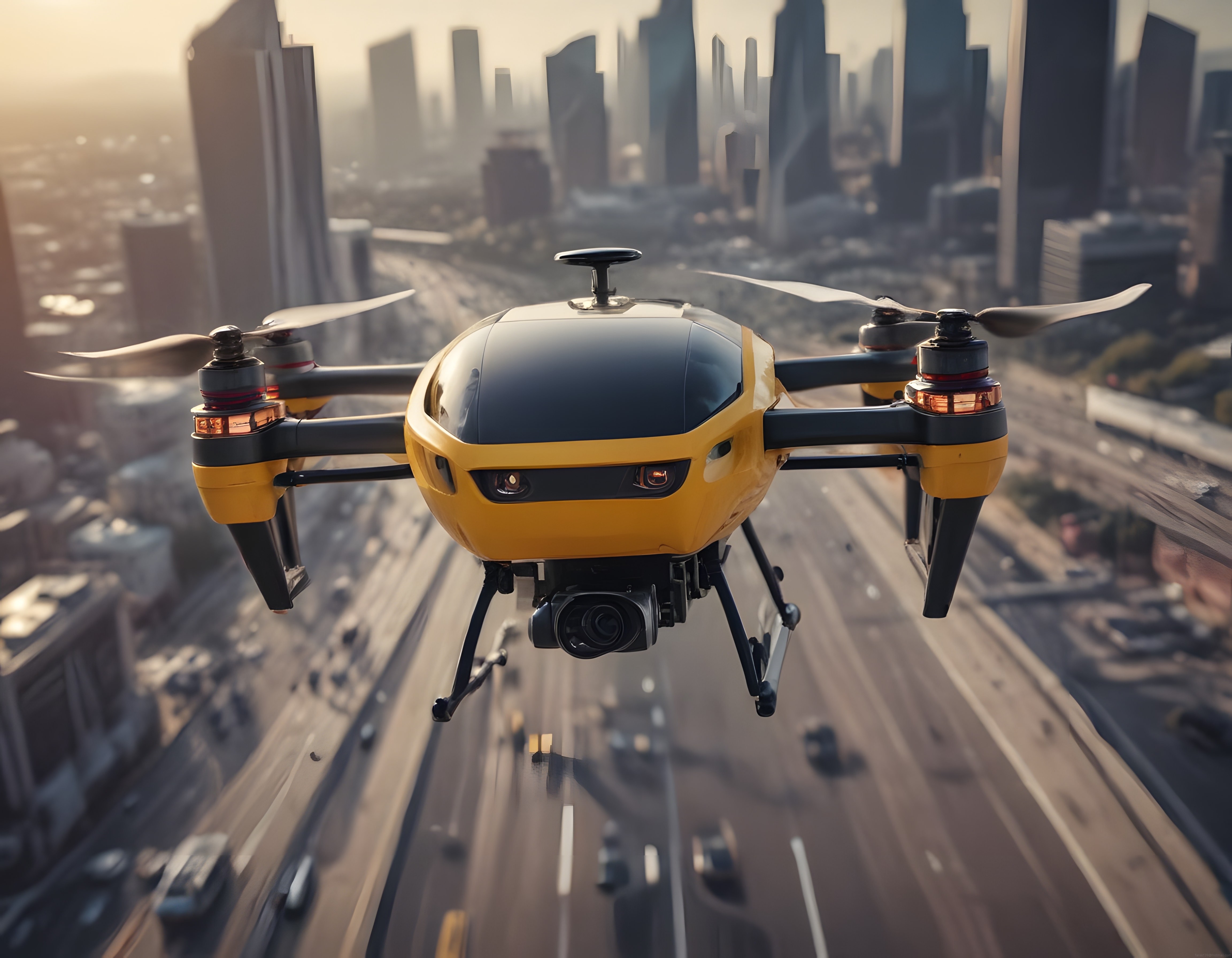 Gün Batımında Şehir Üzerinde Uçan Profesyonel Kamera Drone'u