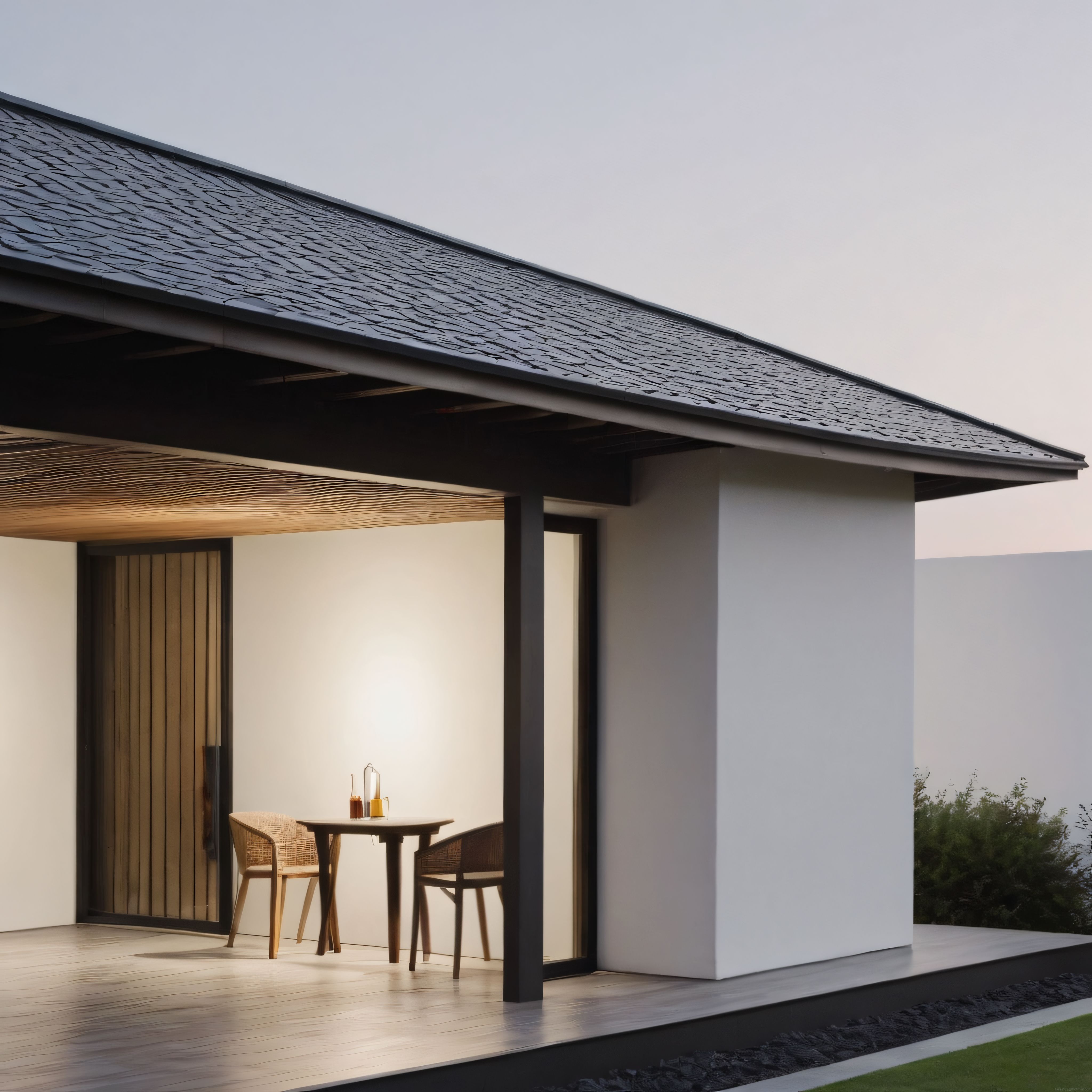 Gün Batımında Sıcak Işıklı Modern Villa ve Sade Çatı Terası Manzarası