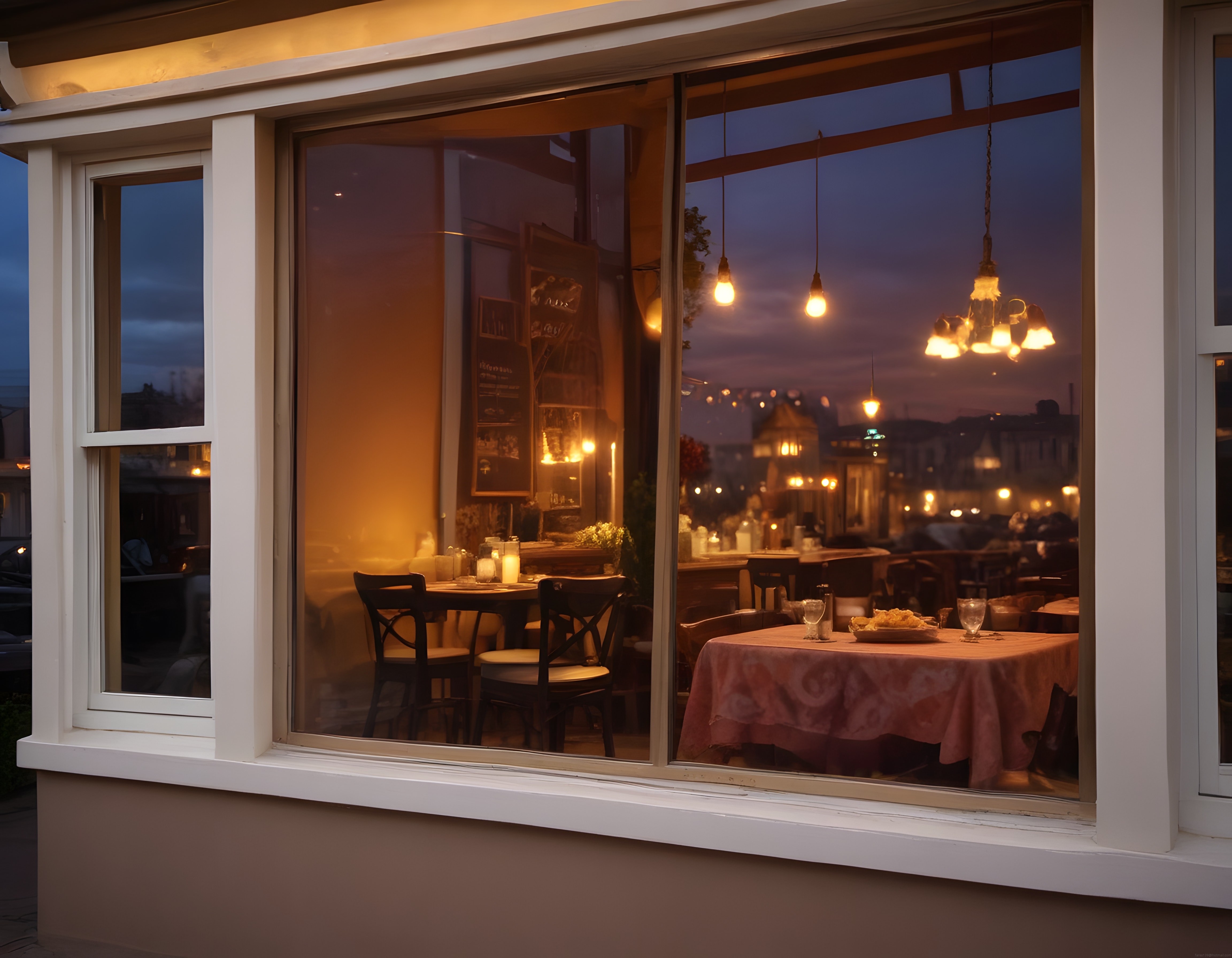 Gün batımında şık bir restoranın camından romantik iç mekan atmosferi