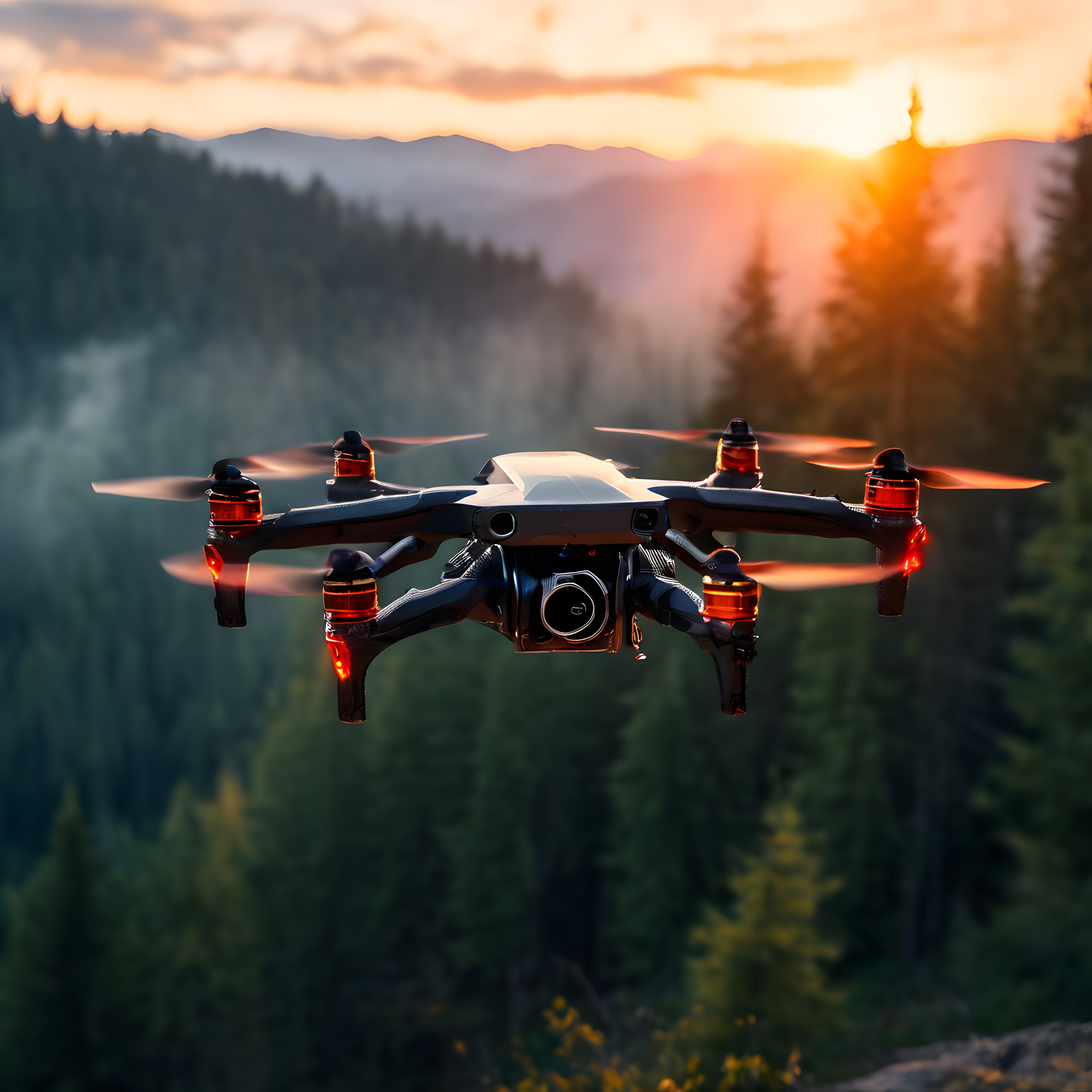 Gün batımında sisli dağlar üzerinde uçan profesyonel kamera dronu
