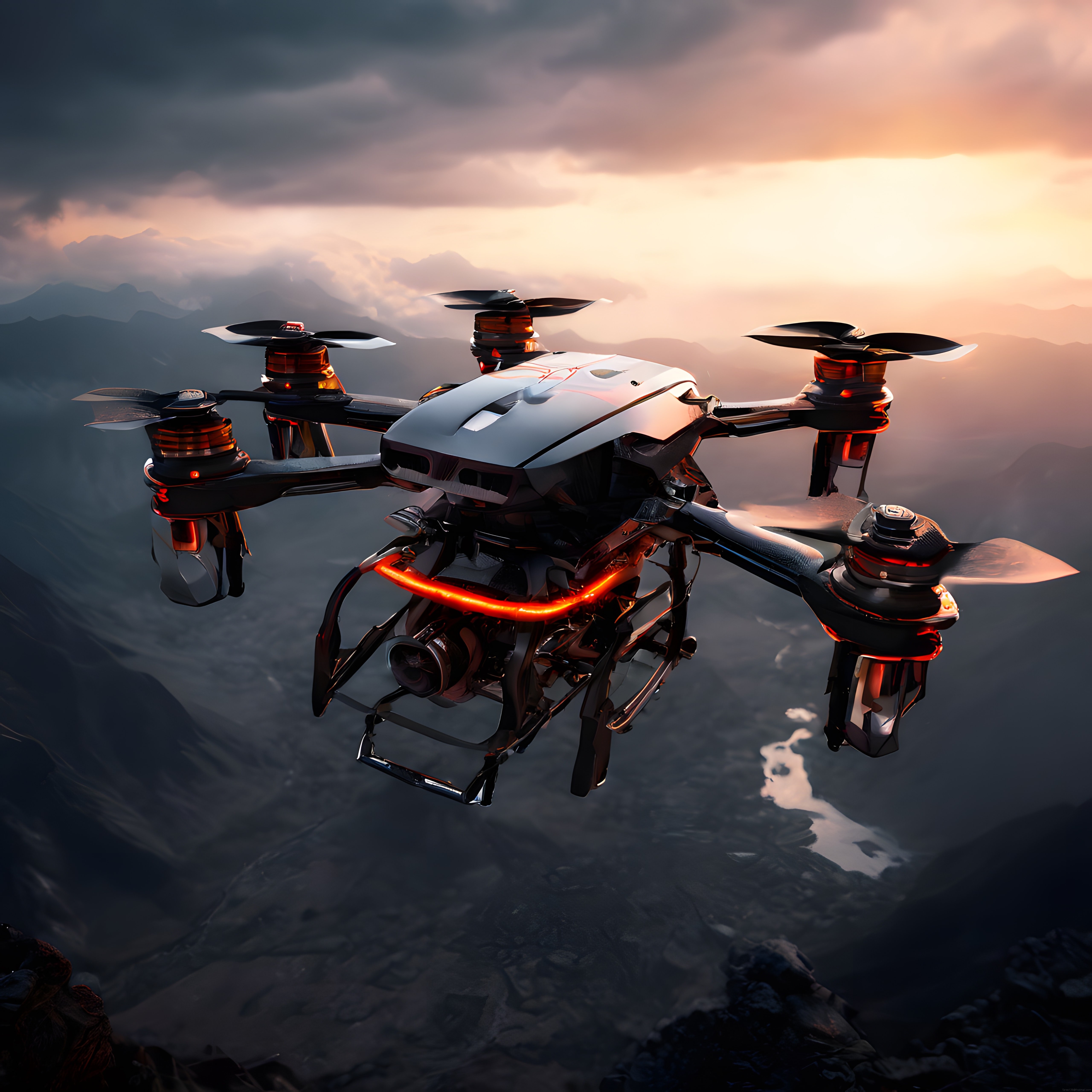 Gün Batımında Sisli Dağlar Üzerinde Uçan Profesyonel Kamera Dronu