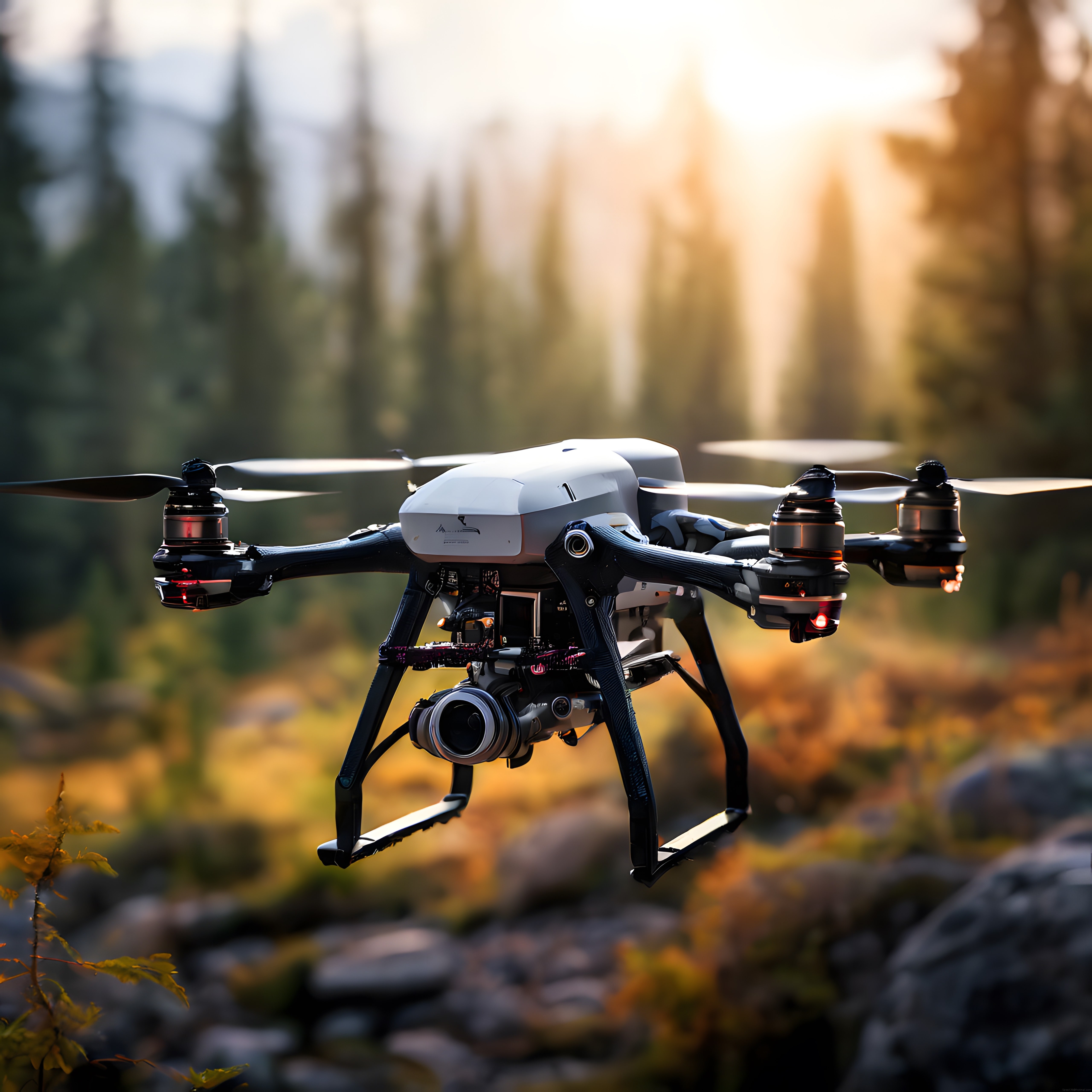 Gün Batımında Sonbahar Ormanında Uçan Profesyonel Kamera Dronu