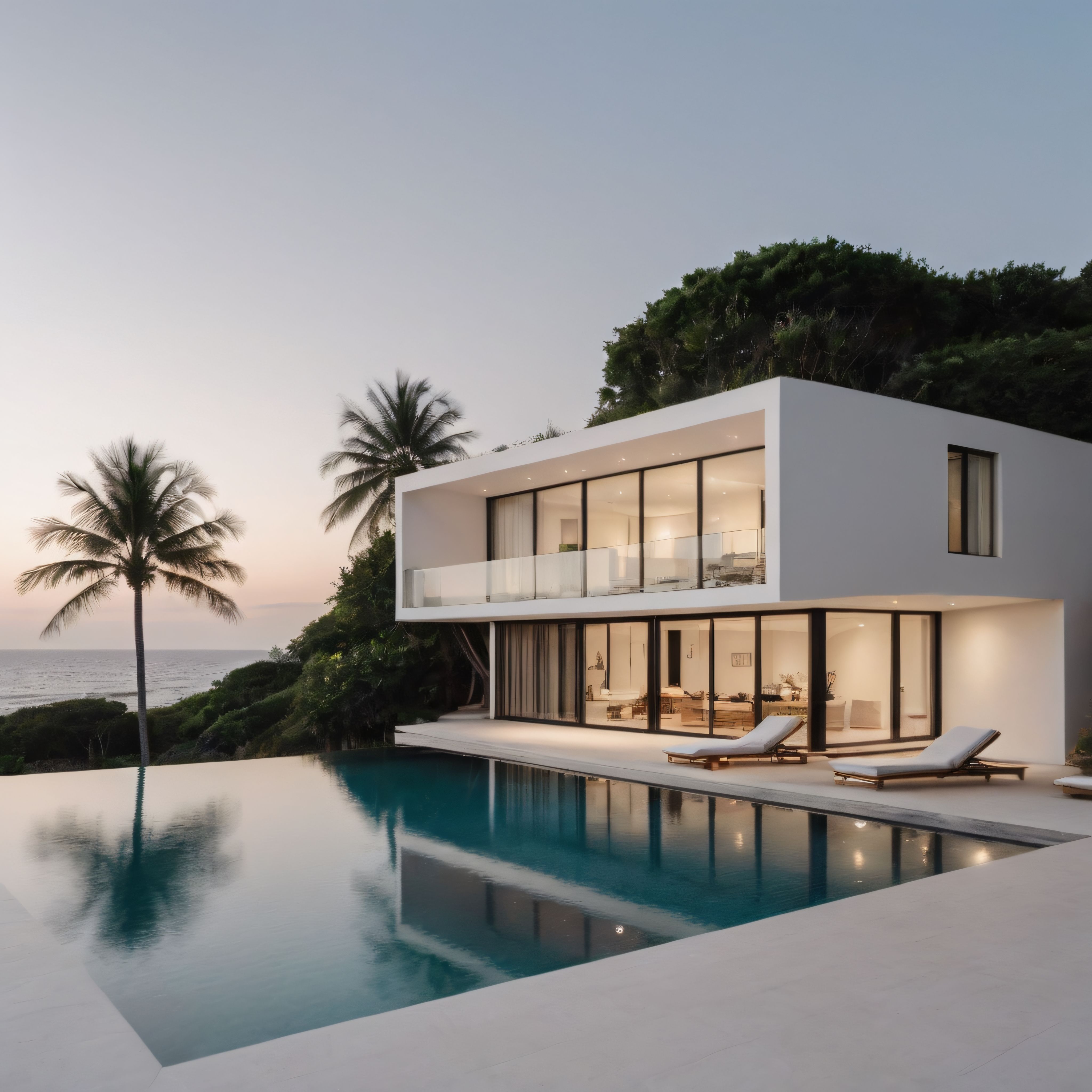 Gün Batımında Sonsuzluk Havuzlu Beyaz Modern Villa ve Egzotik Deniz Manzarası