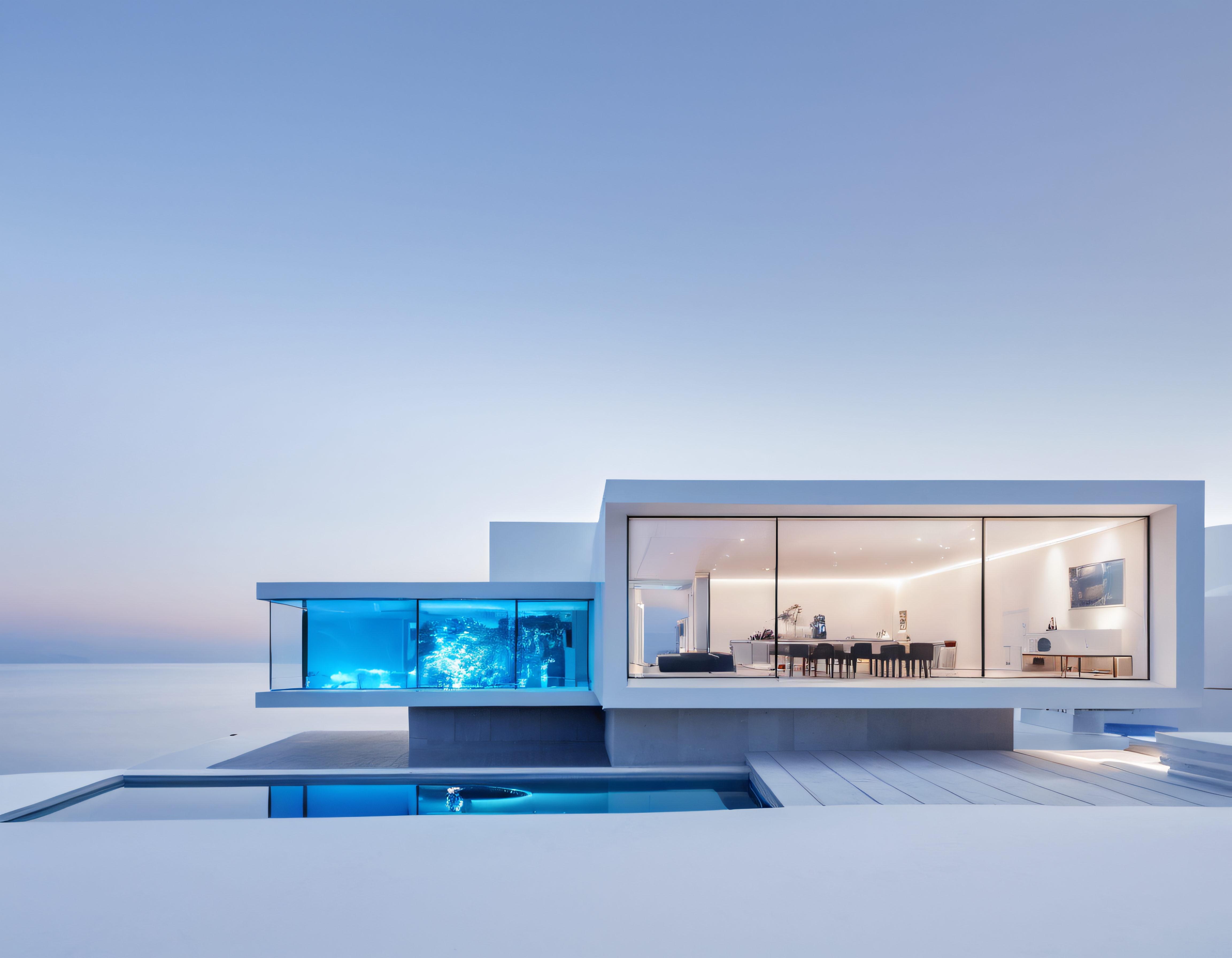 Gün Batımında Su Kenarındaki Cam Cepheli Beyaz Modern Villa ve Işık Detayları