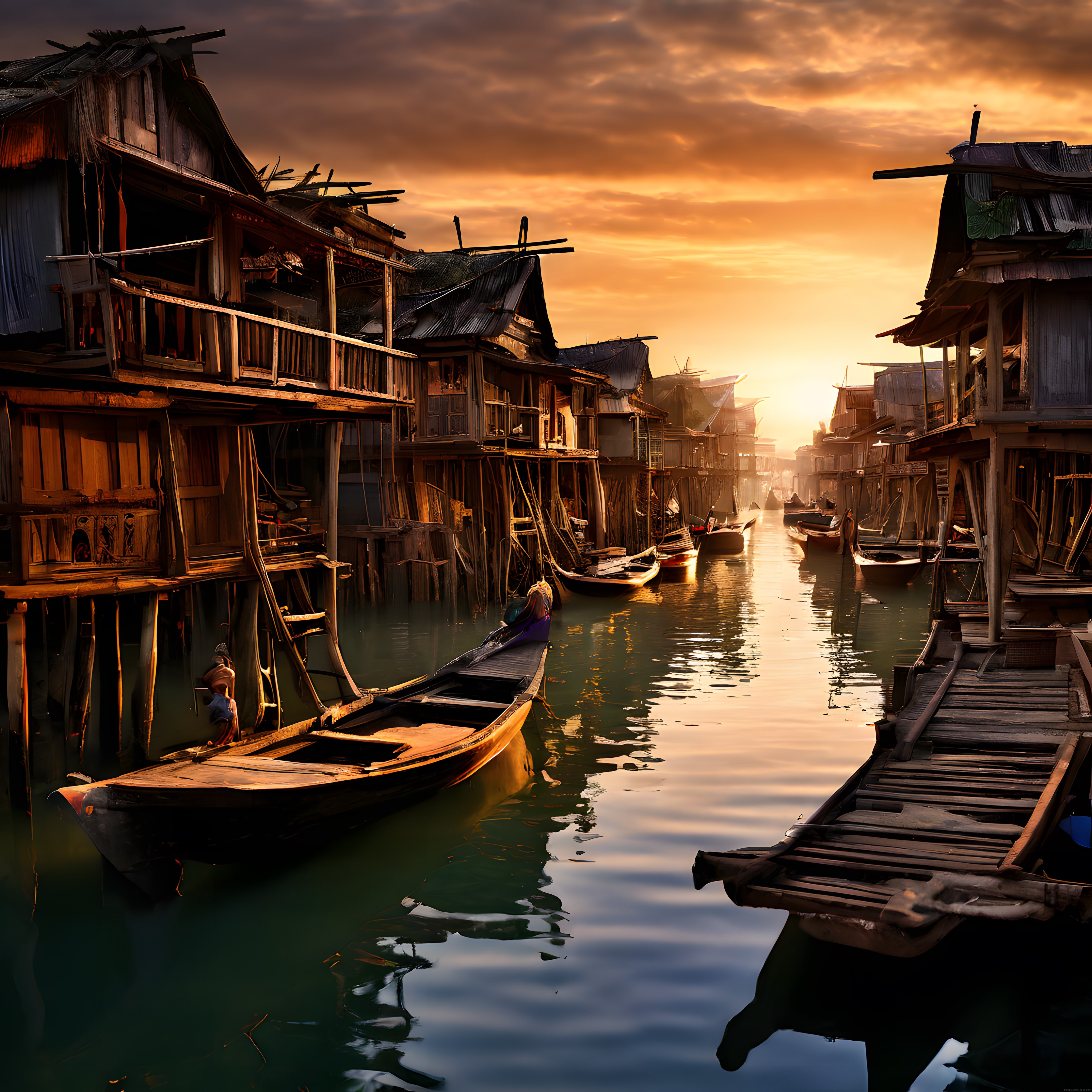 gün batımında su üstü kurulu ahşap evler ve eski teknelerle dolu sakin kanal