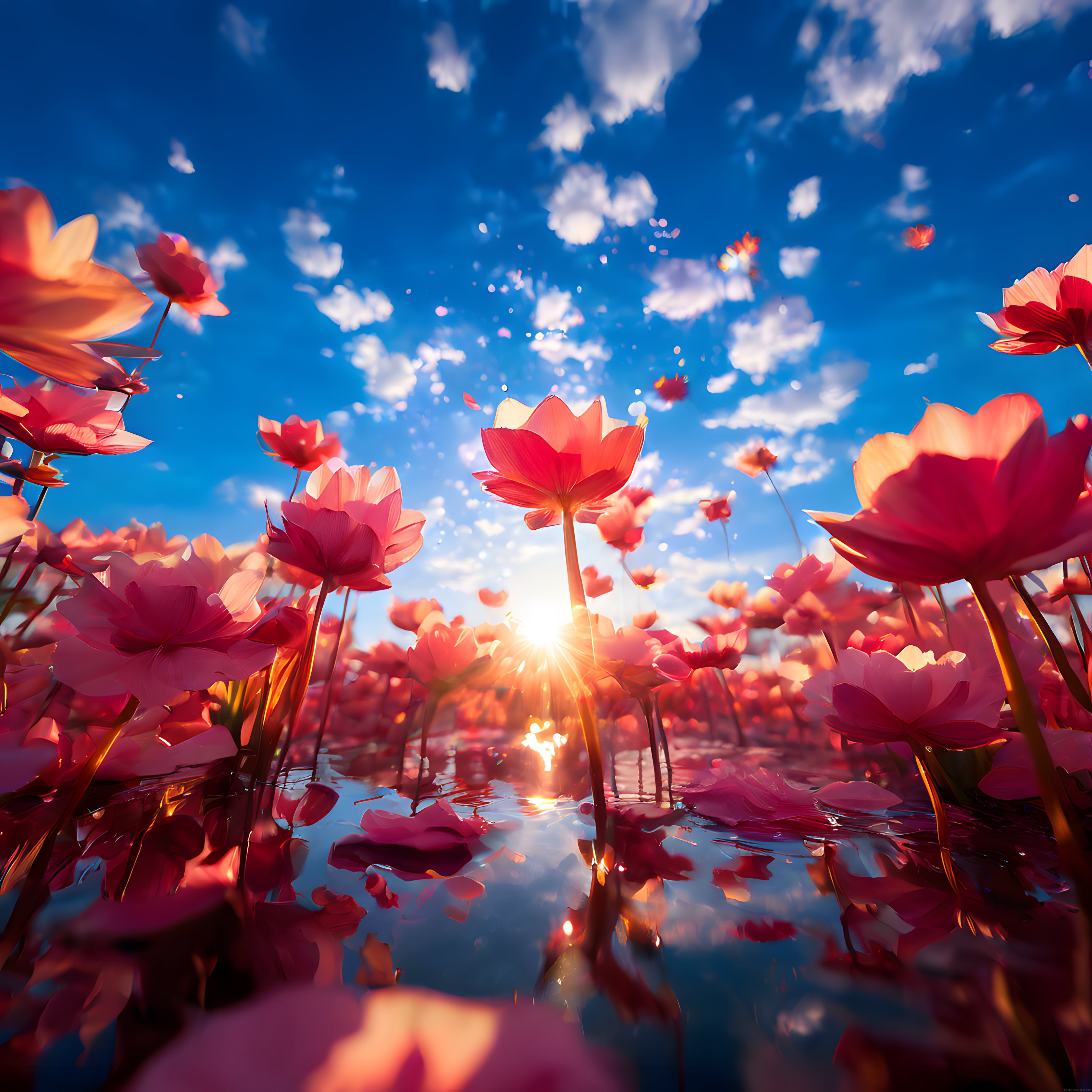 Gün Batımında Suda Açan Pembe Lotus Çiçekleri ve Büyülü Işık Oyunları