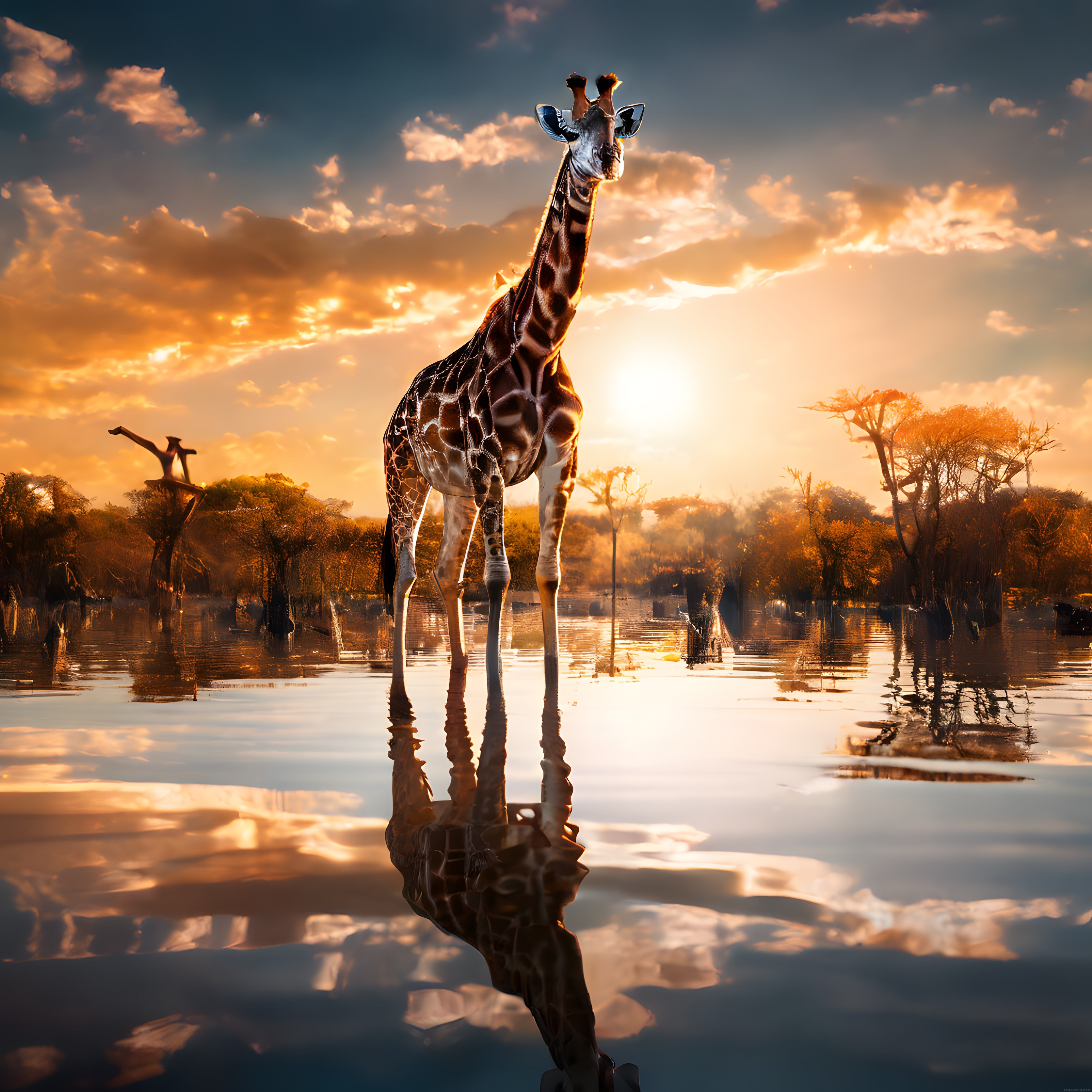 Gün Batımında Suda Yansıyan Yalnız Zürafa ve Afrika Savana Manzarası