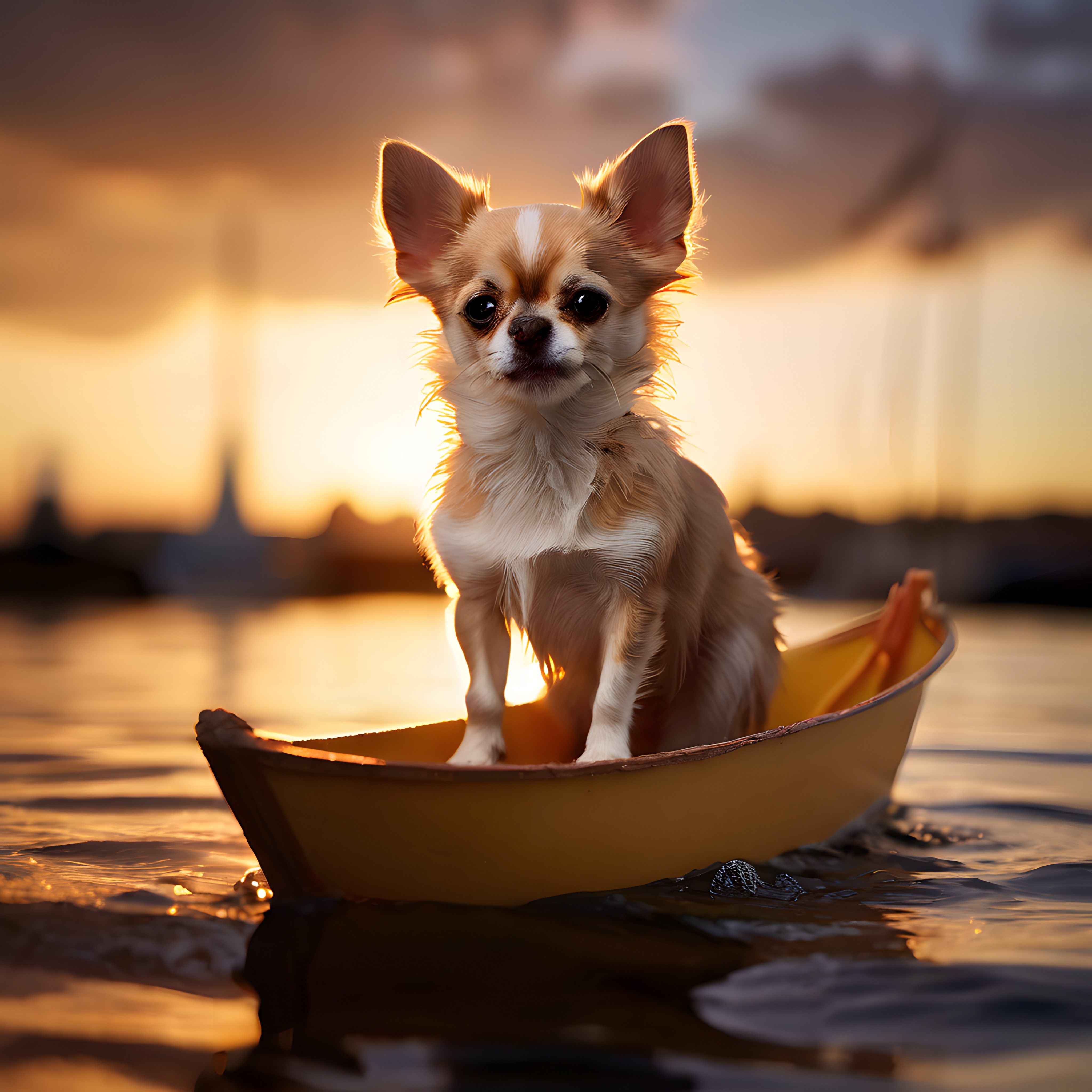 Gün Batımında Sular Üzerindeki Teknede Oturan Sevimli Chihuahua Köpeği