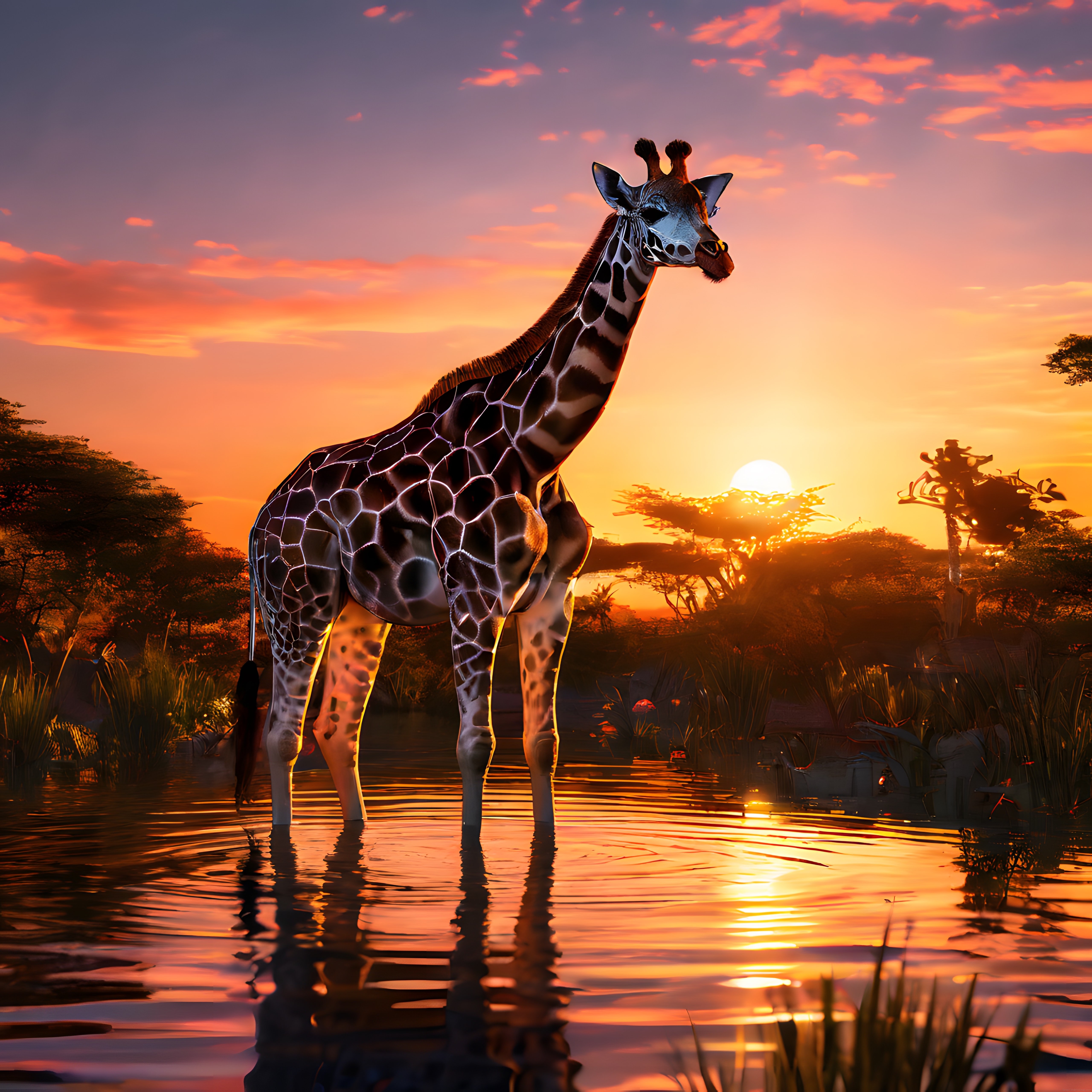 Gün batımında suyun içinde duran zürafa ve Afrika savanası manzarası
