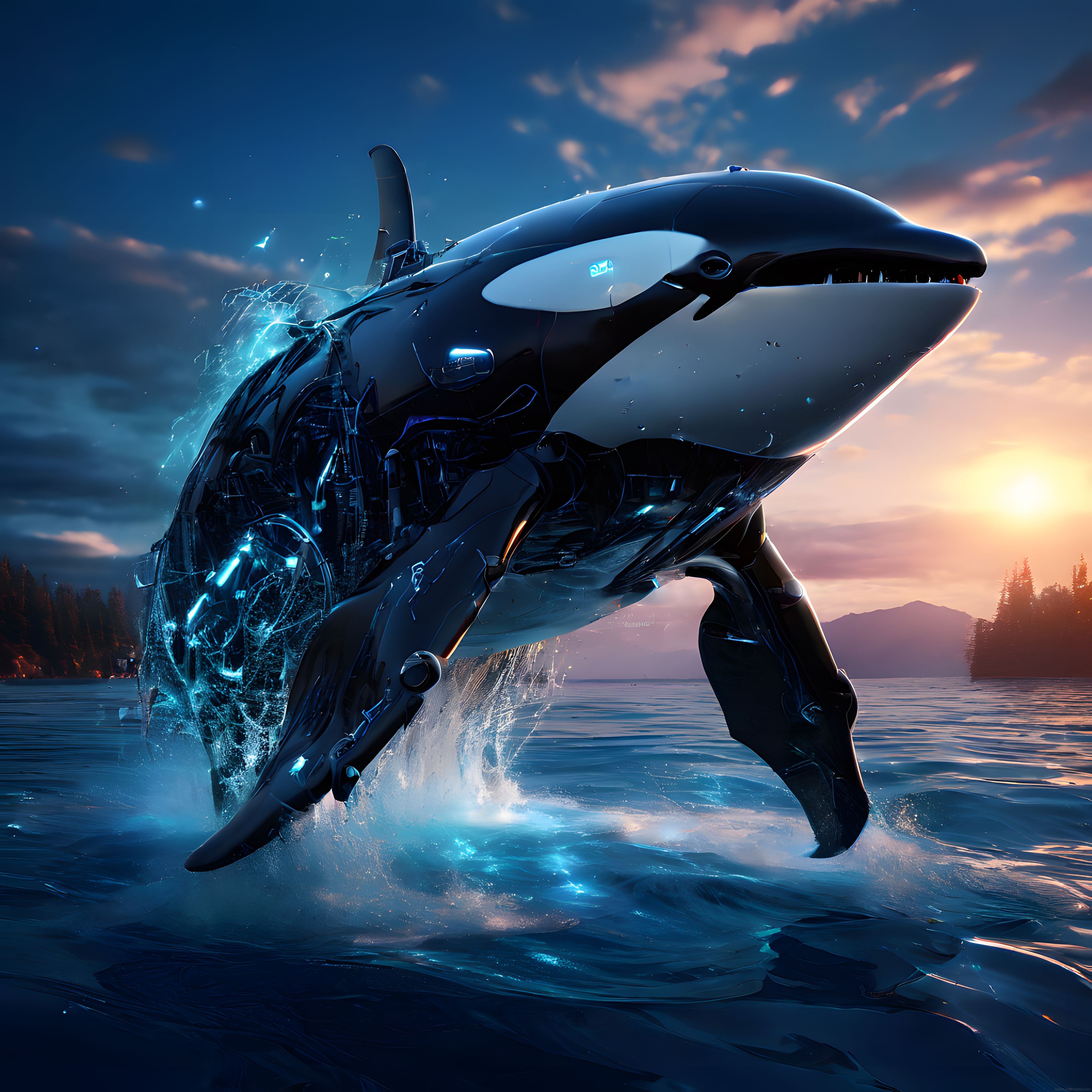 Gün Batımında Suyun İçinden Fırlayan Cyberpunk Mekanik Orca Balinası