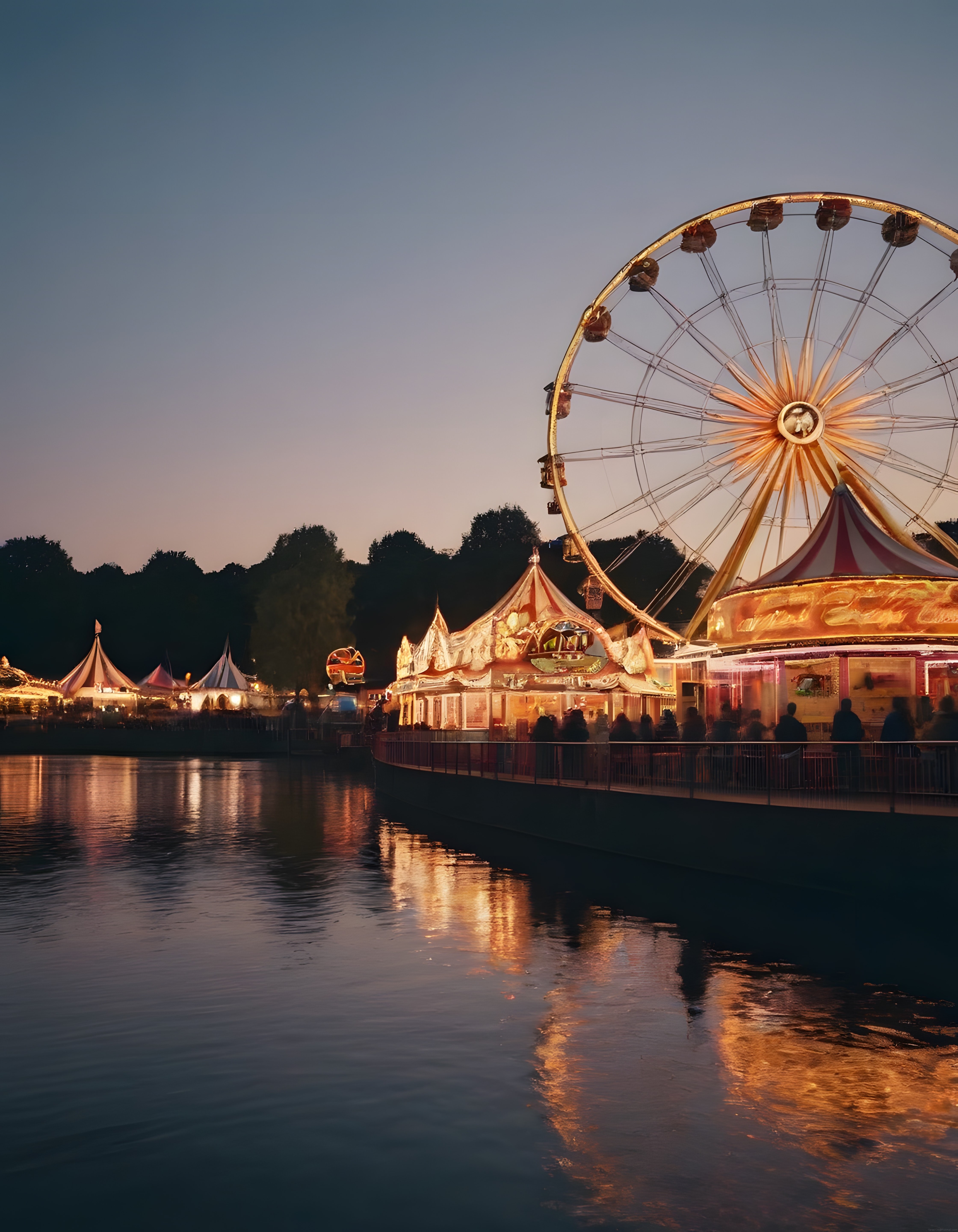 Gün Batımında Suyun Kenarında Parıl Parıl Aydınlatılmış Lunapark Dönme Dolabı