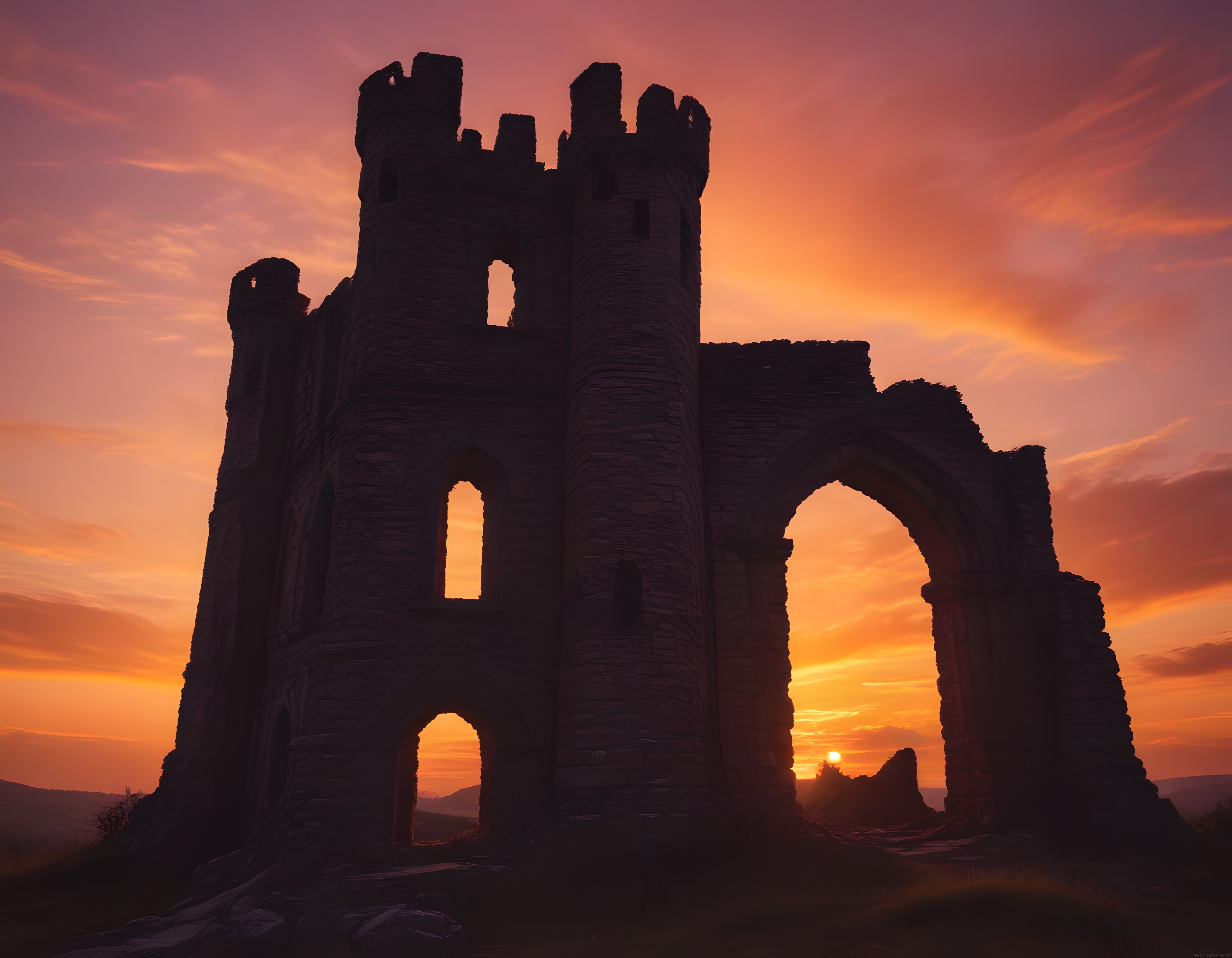 Gün Batımında Tarihi Kale Harabesinin Etkileyici Silueti ve Dramatik Gökyüzü