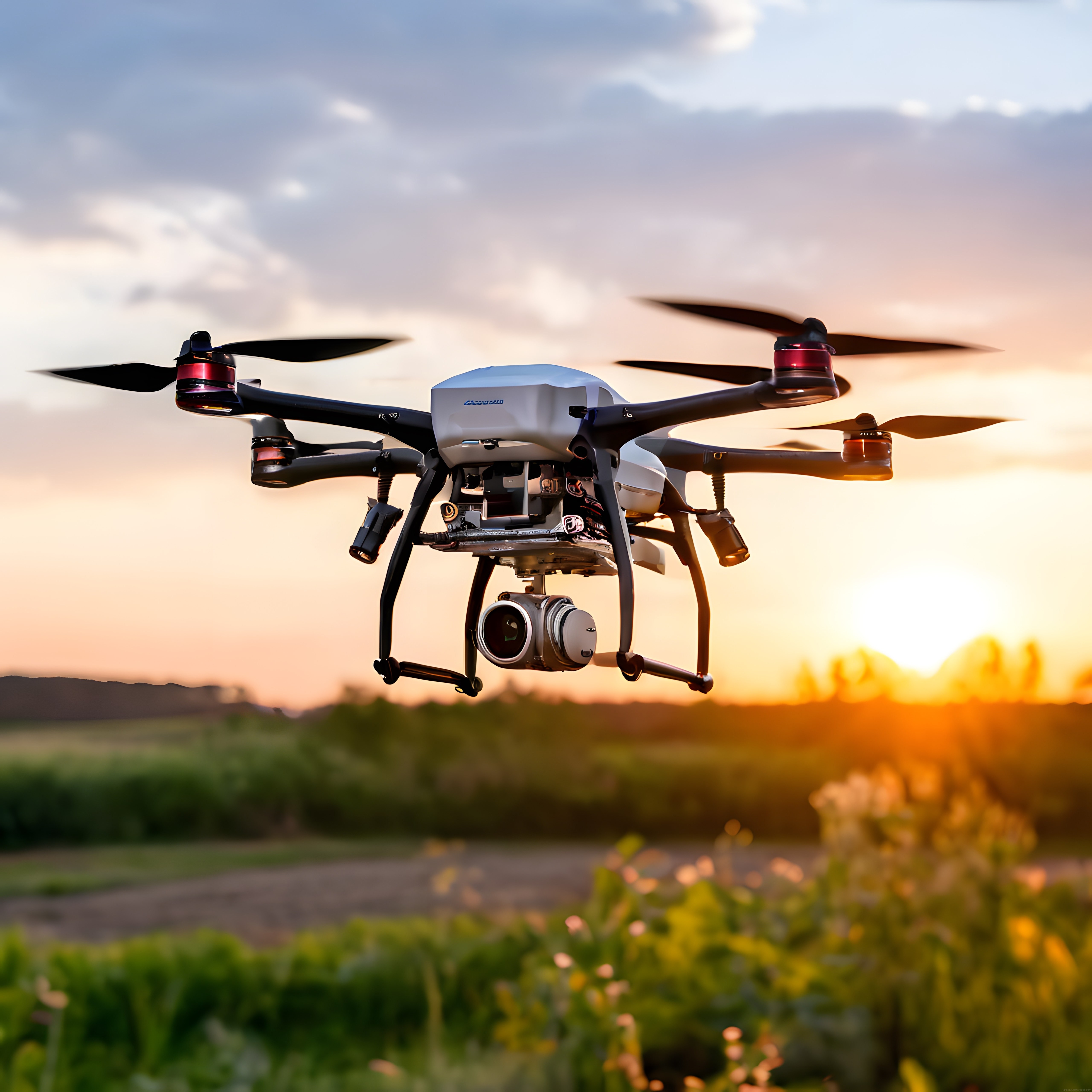 Gün Batımında Tarla Üzerinde Uçan Profesyonel Kamera Dronu ve Teknolojisi