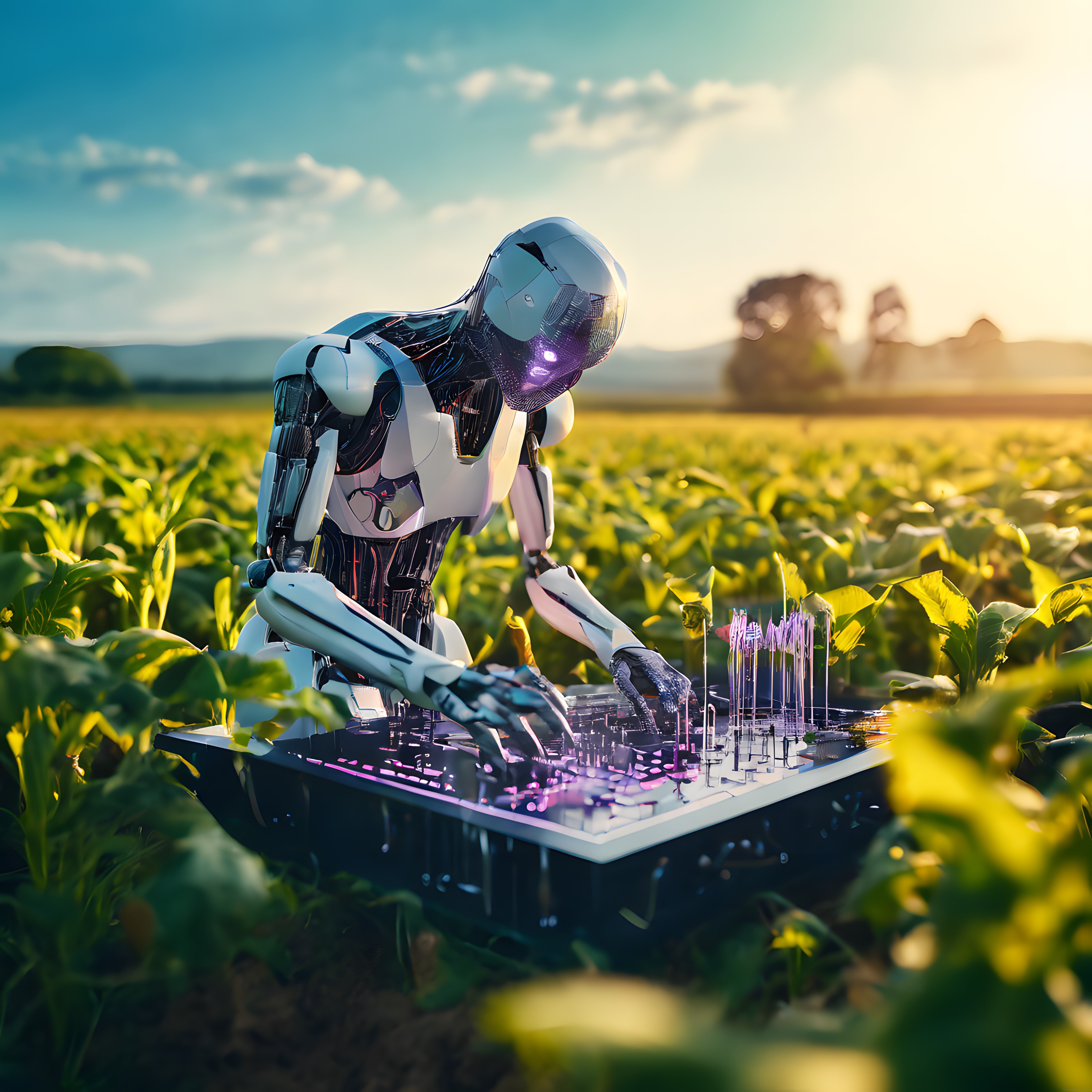 Gün batımında tarlanın ortasında dj seti yapan humanoid robot ve teknolojik denetim masası