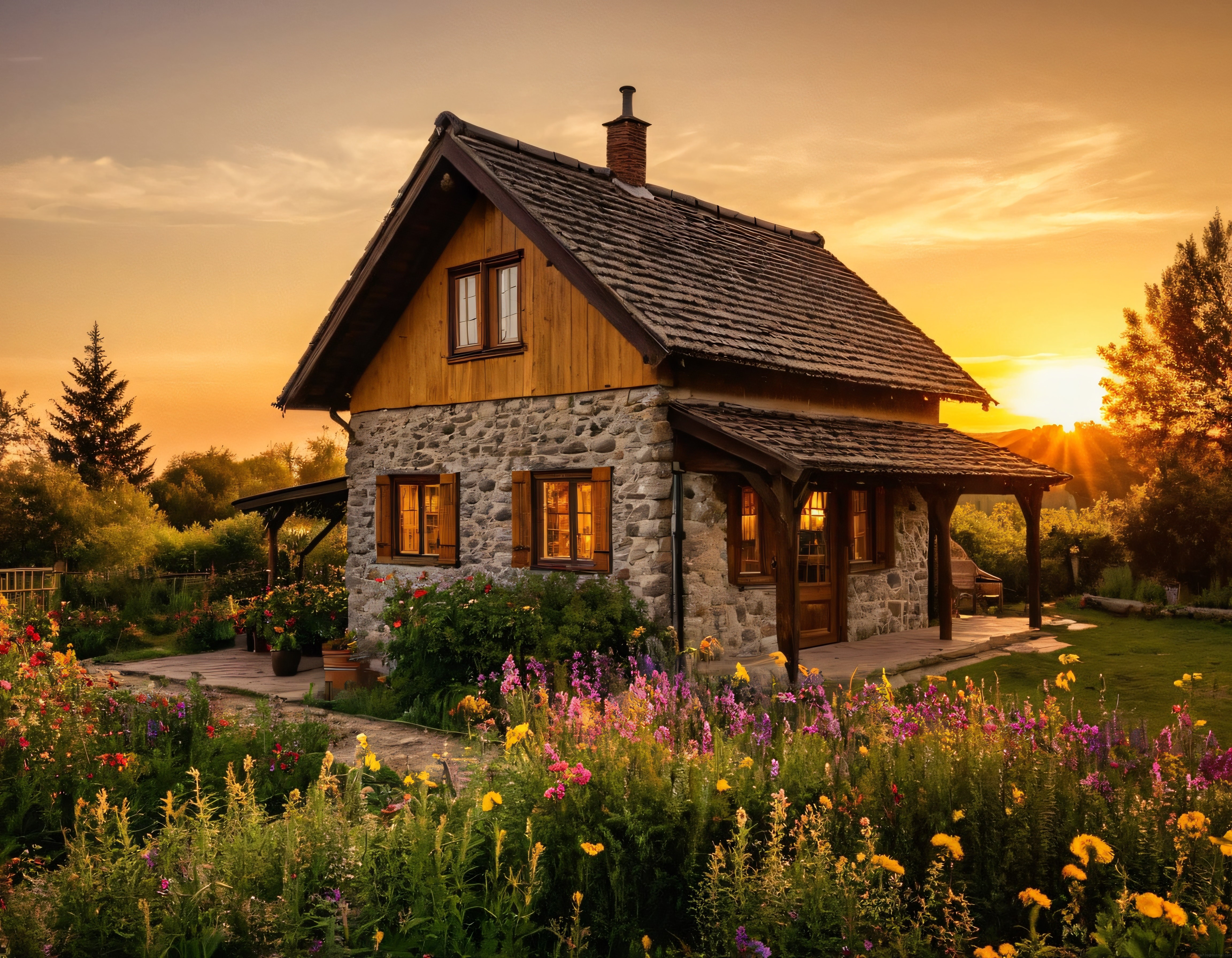 Gün batımında taş duvarlı ahşap bir kır evi ve çiçekli bahçe