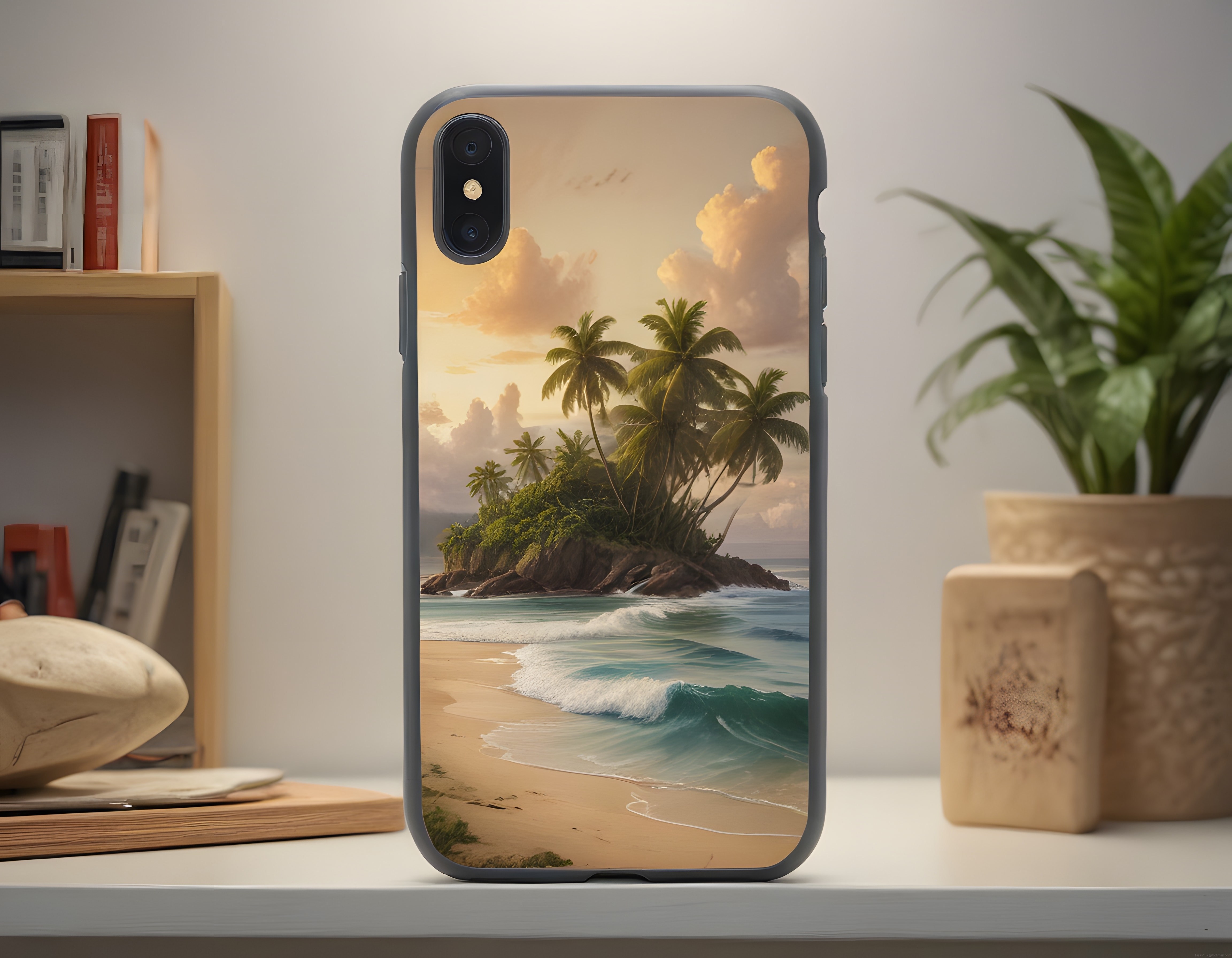 Gün Batımında Tropikal Ada ve Palmiye Desenli Telefon Kılıfı Tasarımı