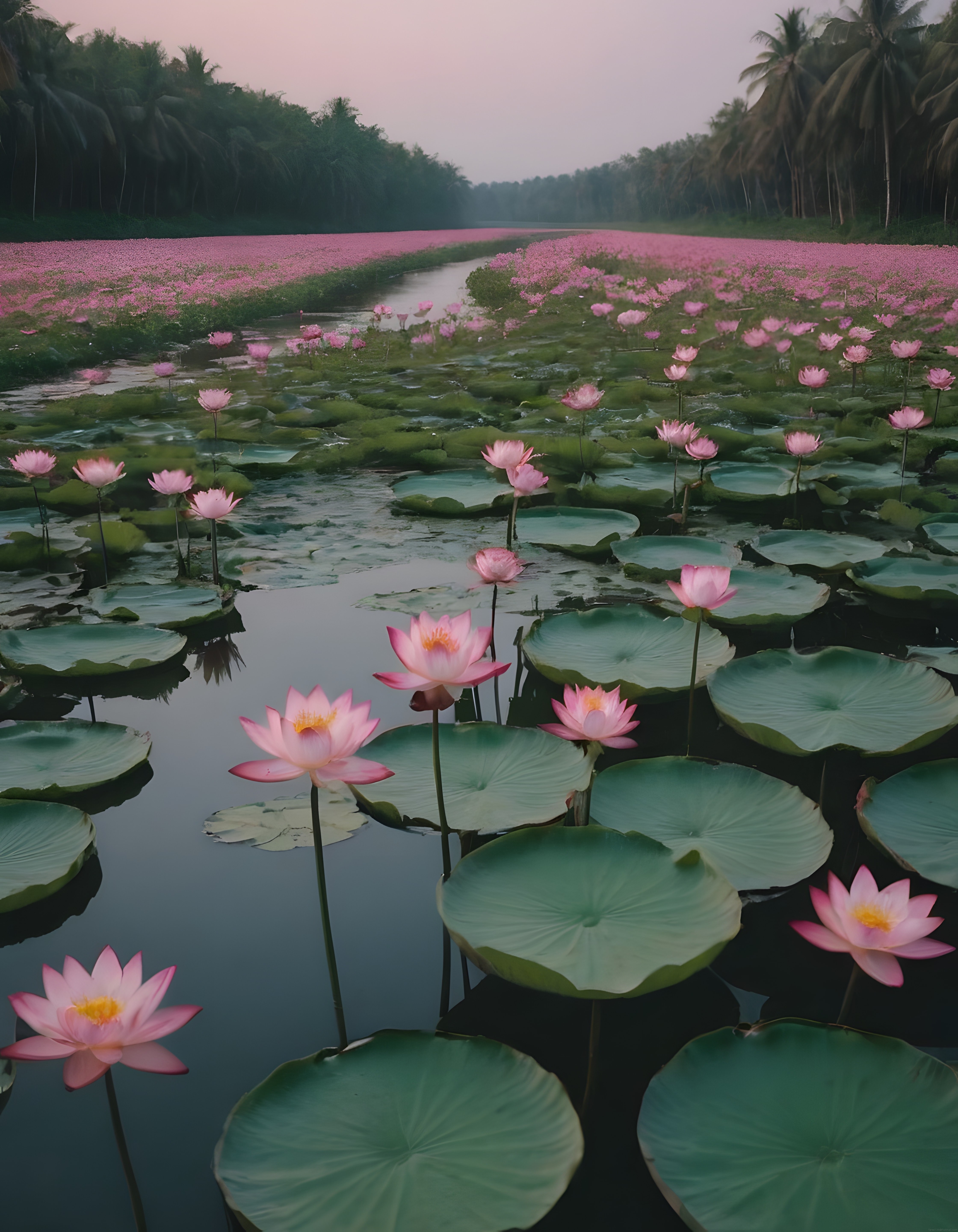 Gün Batımında Tropikal Gölde Açan Pembe Lotus Çiçekleri ve Yeşil Yapraklar