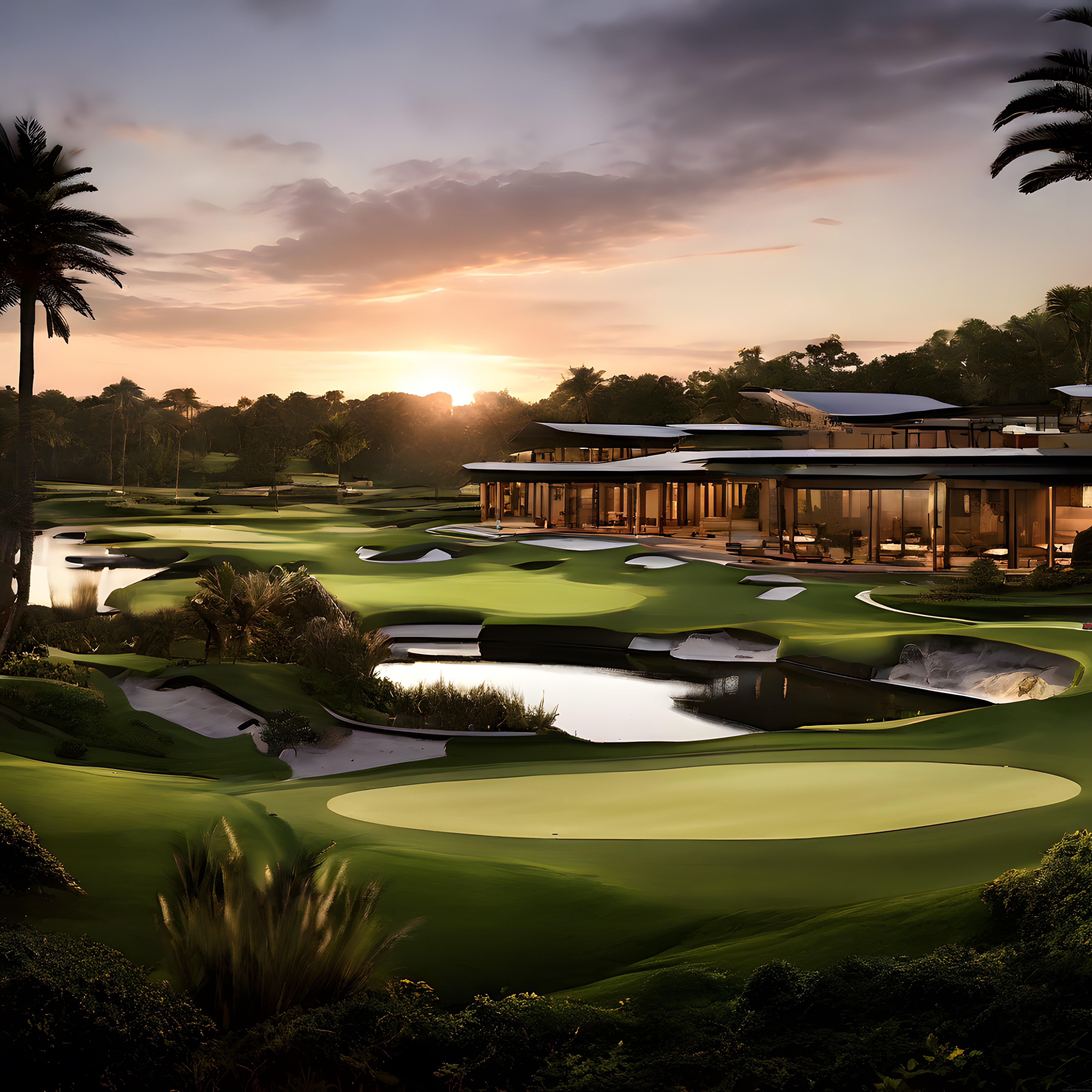 Gün Batımında Tropikal Golf Sahası, Göl ve Modern Kulüp Binası Panoraması