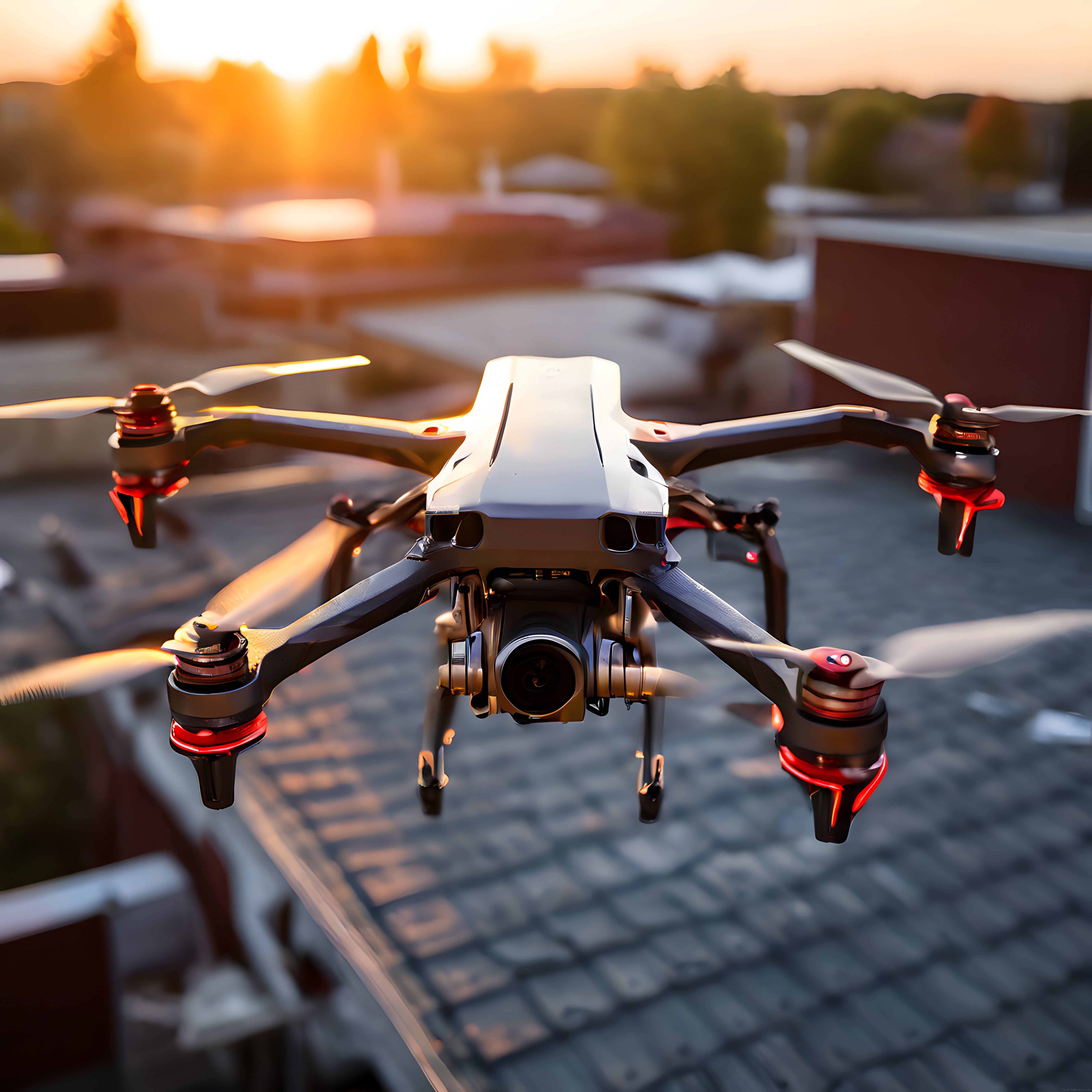 Gün Batımında Uçan Profesyonel Drone Kamera ve Kırsal Manzara Arka Planı