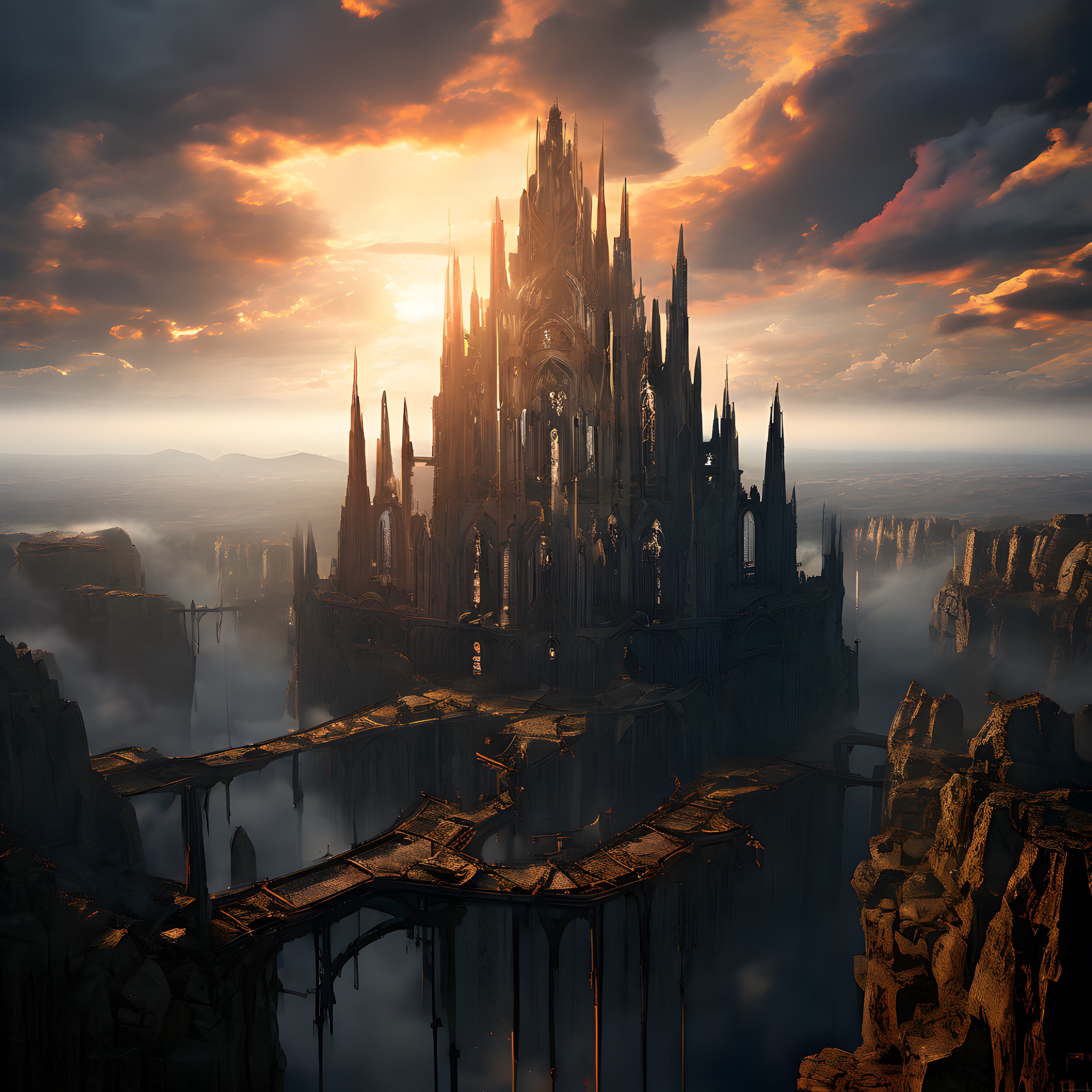 Gün batımında uçurumda yükselen gotik katedral ve fantastik manzara