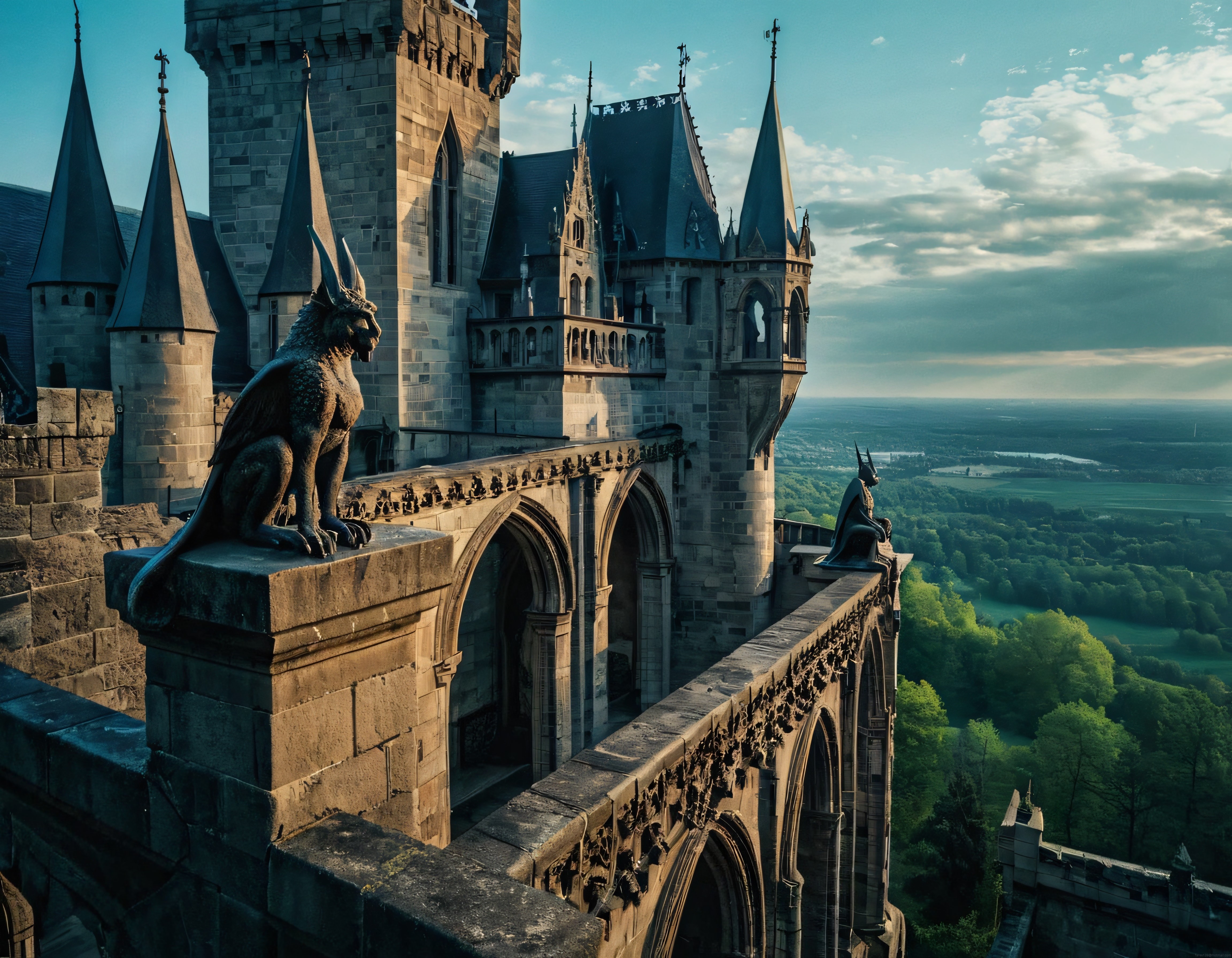 Gün Batımında Vadinin Üzerinde Yükselen Tarihi Gotik Kale ve Gargoyle Manzarası