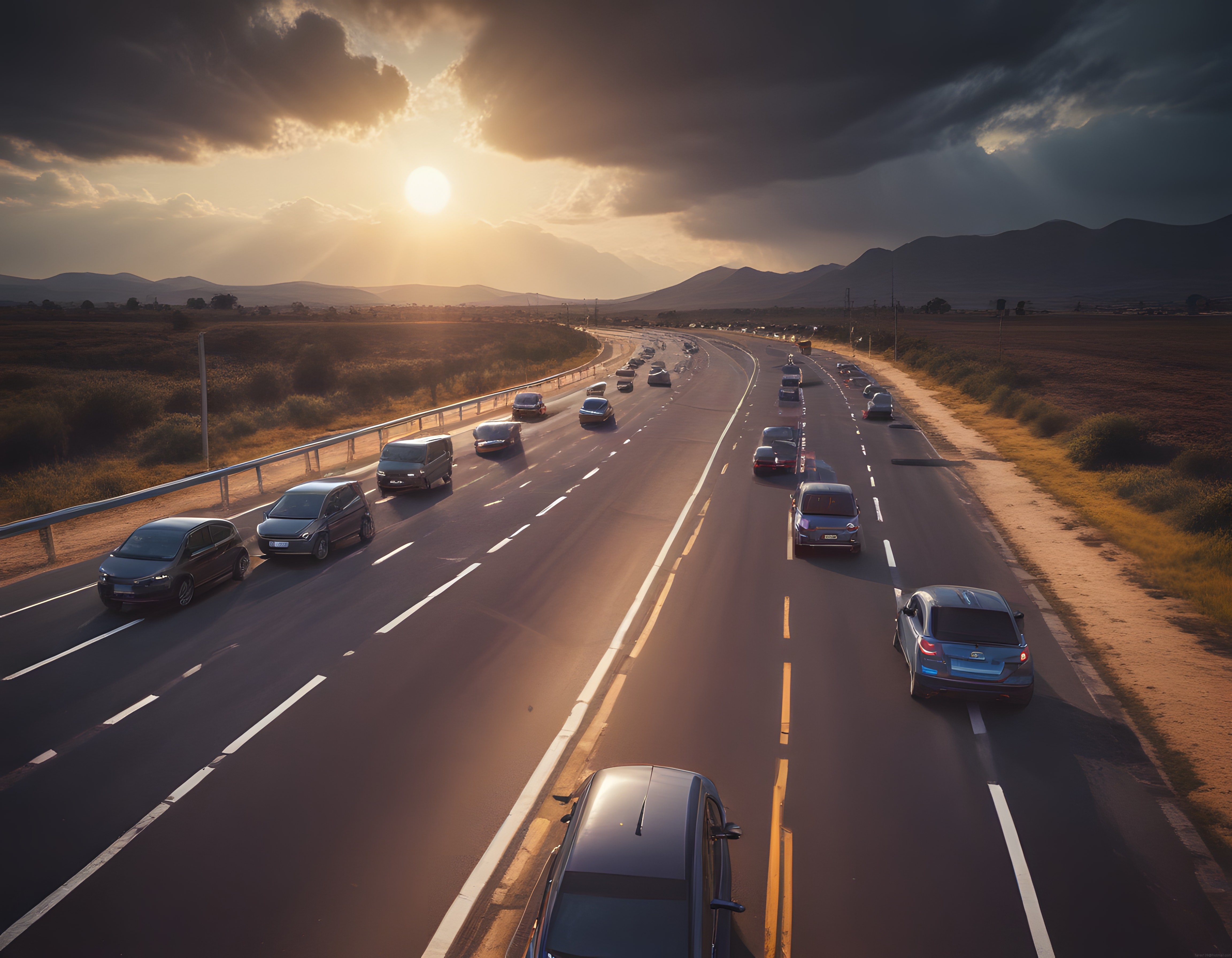 Gün Batımında Virajlı Otoyolda Akışkan Araç Trafiği ve Uzakta Yükselen Dağlar