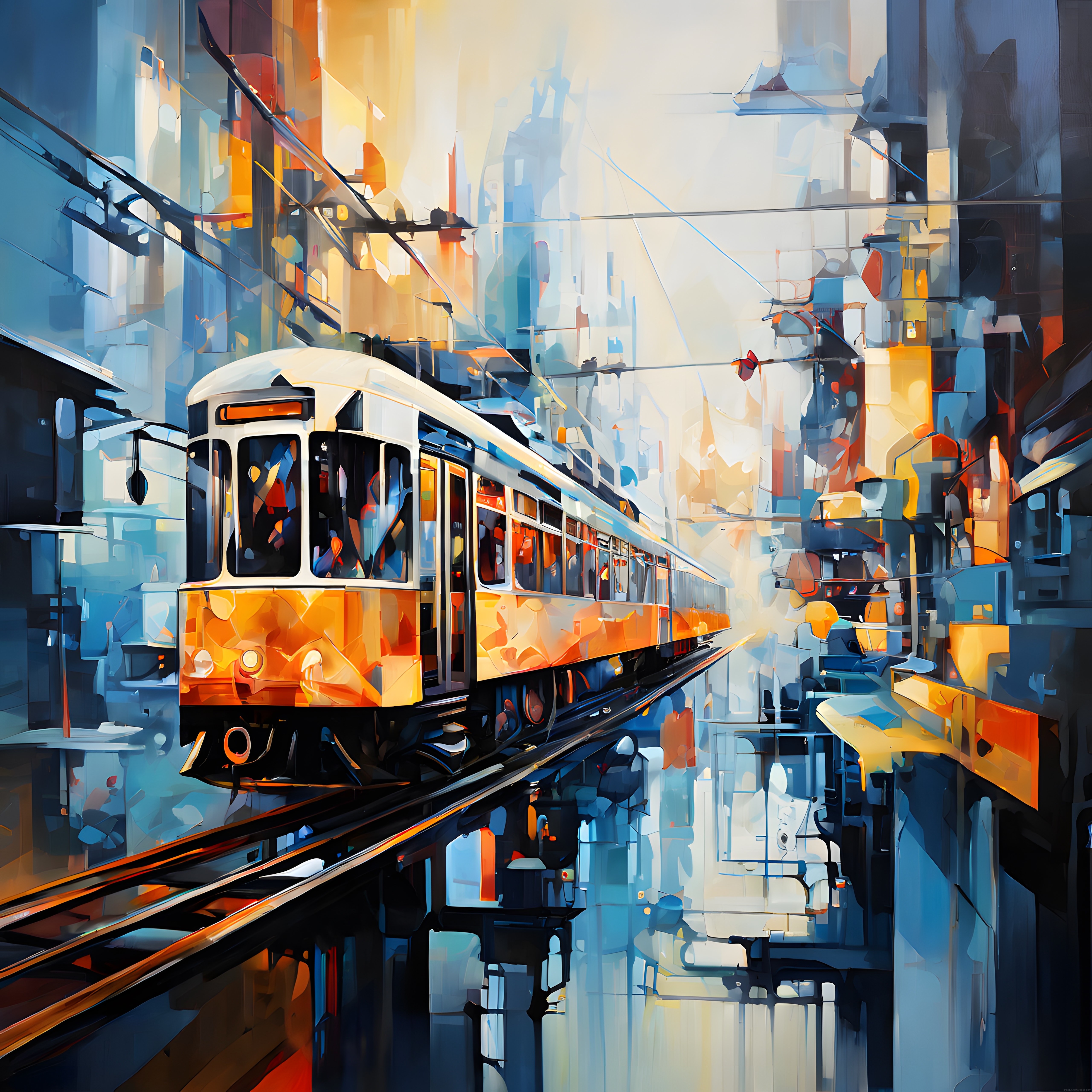 Gün Batımında Yağmurlu Şehirde Nostaljik Tramvay ve Işıltılı Yansımalar