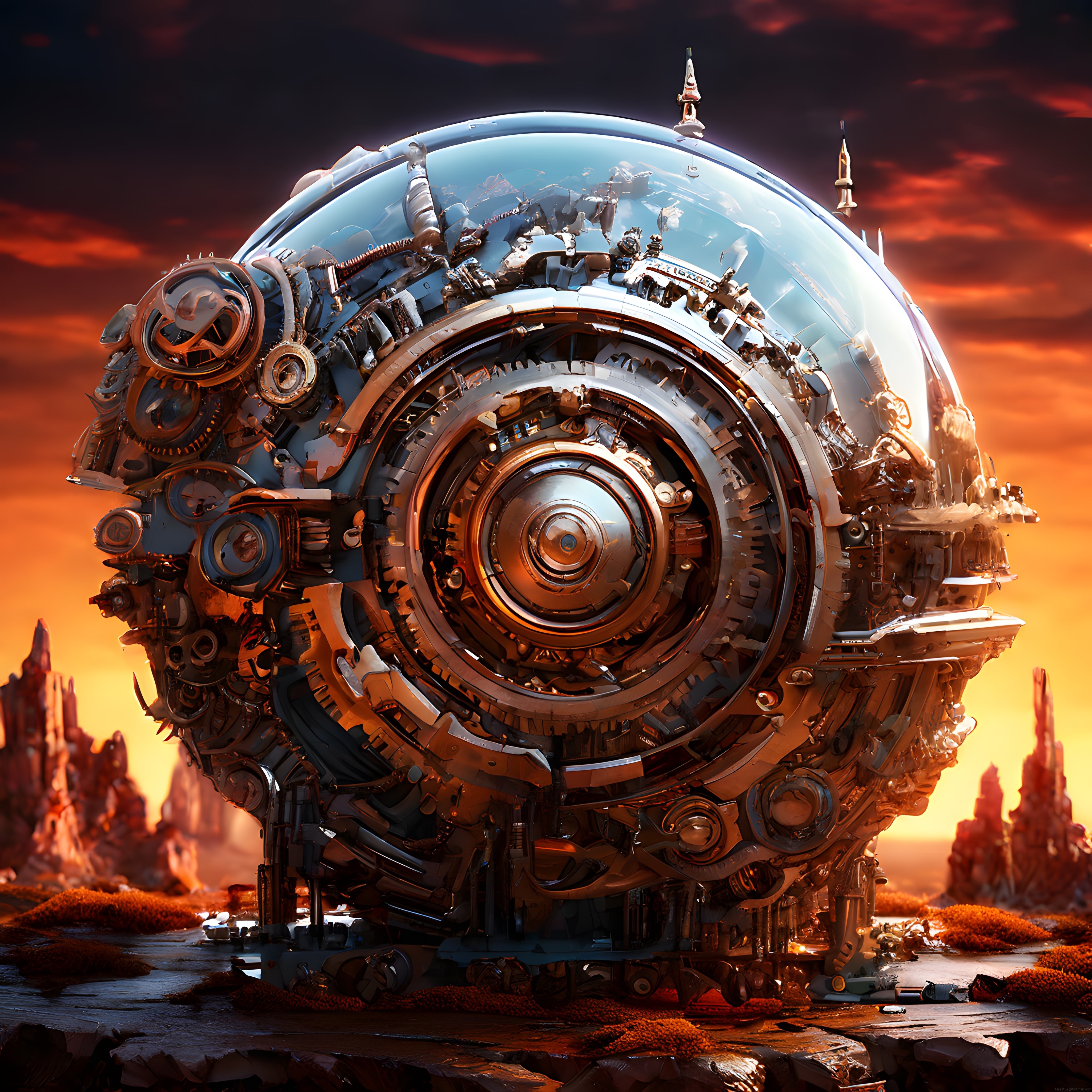 Gün Batımında Yükselen Dev Steampunk Mekanik Küre ve Uzay Manzarası