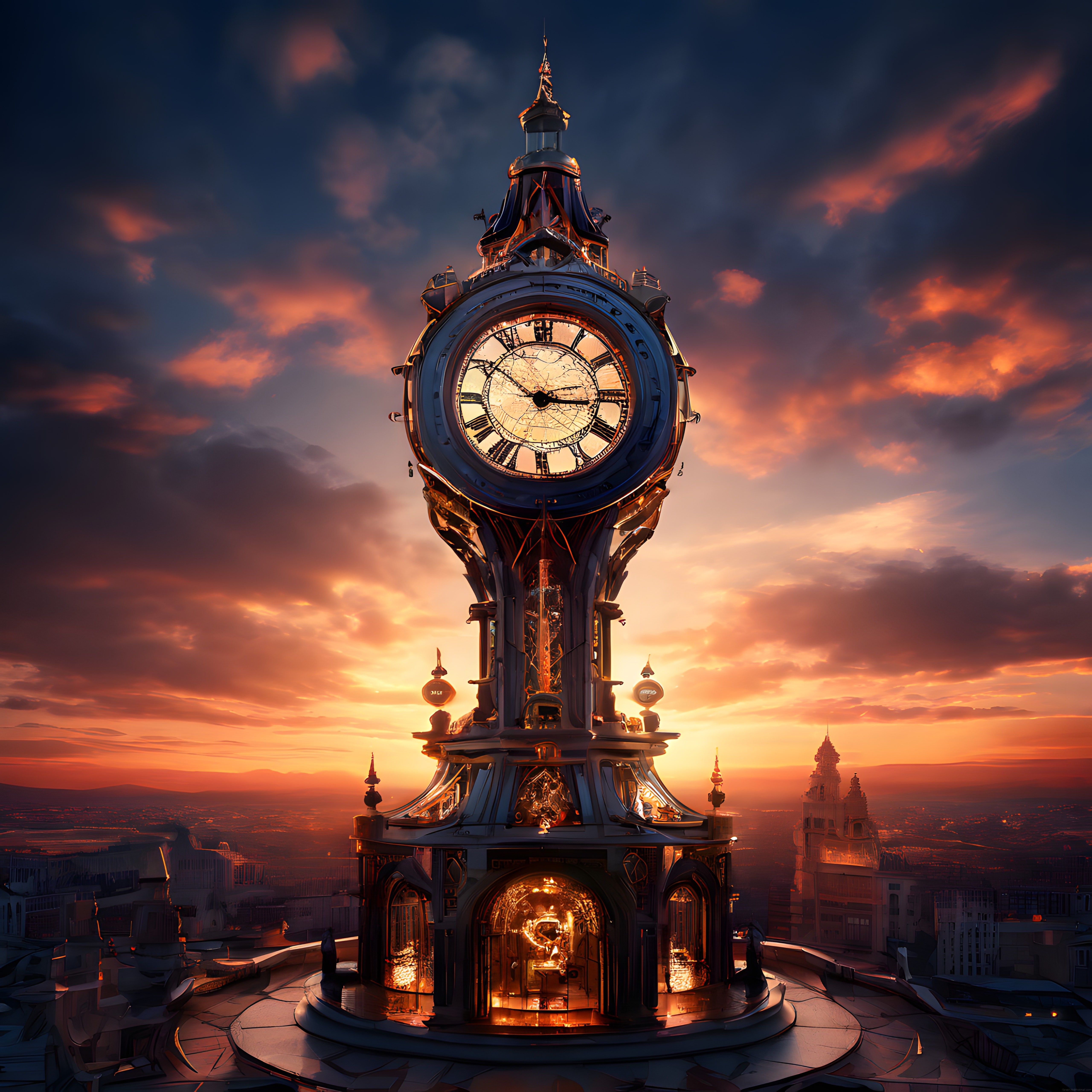 Gün batımında yükselen devasa steampunk saat kulesi dijital sanat eseri