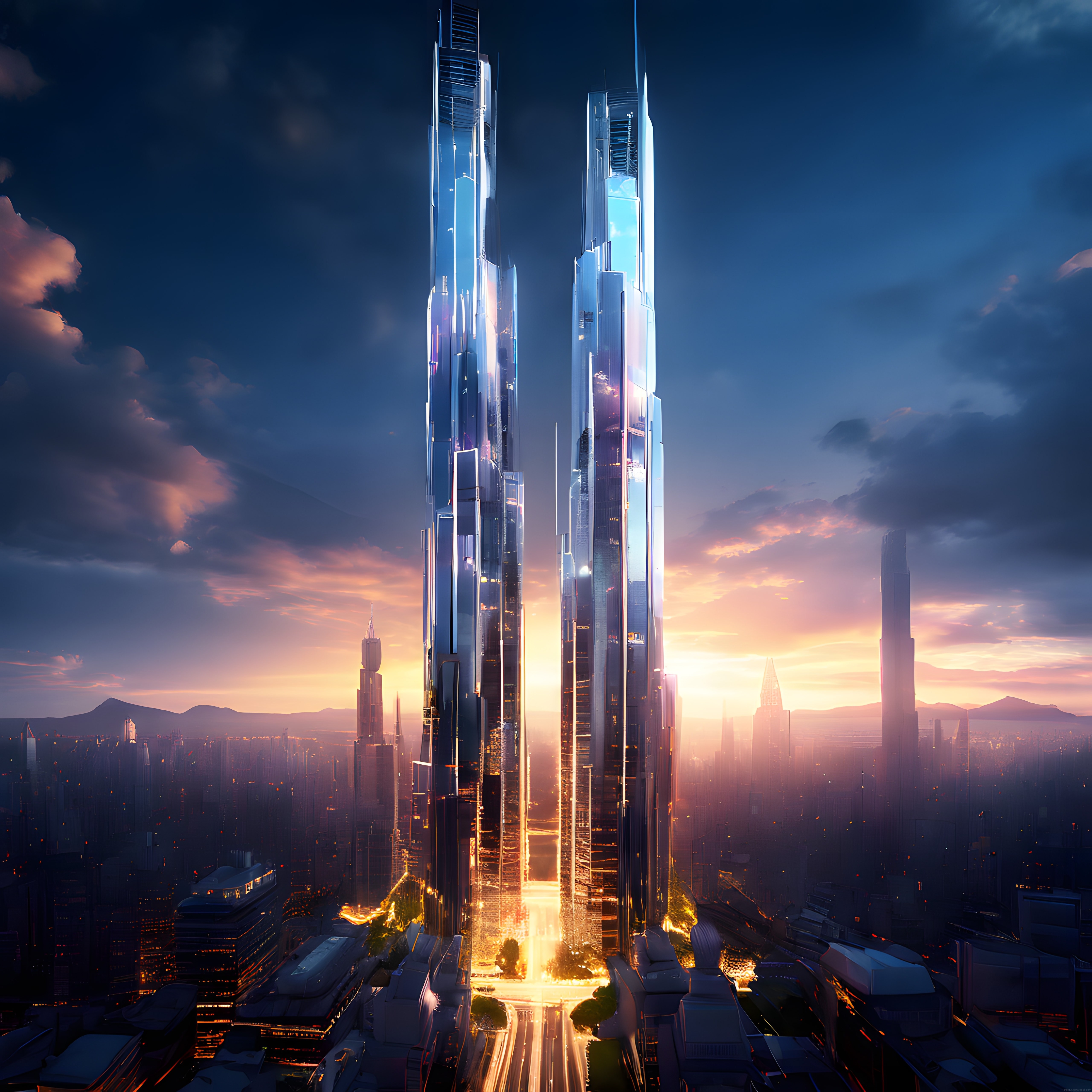 Gün Batımında Yükselen Futuristik Gökdelenler ve Geleceğin Şehir Manzarası